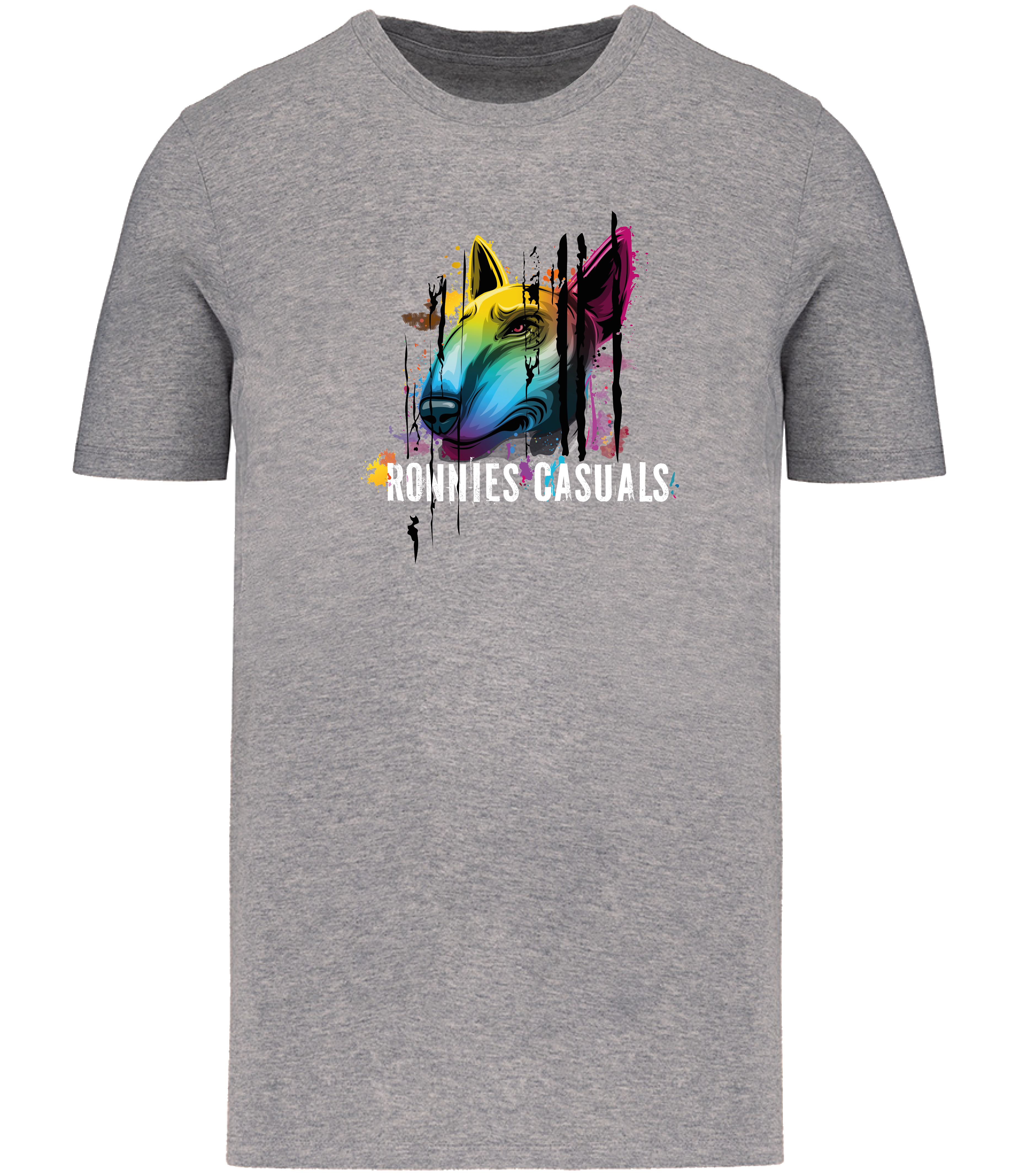 Ronnies Casuals Grey T-shirt printed with Colourful English Bull Terrier Dog head and words saying Ronnies Casuals underneath. Available in S, M, L, XL, 2XL, 3XL.