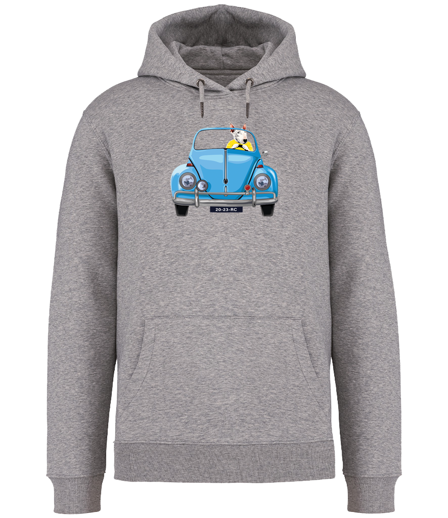 Grey Hoodie printed with an English Bull Terrier Dog wearing a yellow top driving a Blue Beetle Car