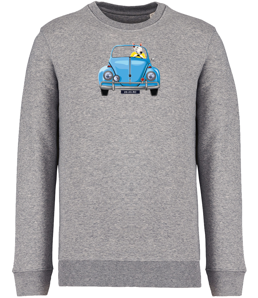 Grey Sweatshirt printed with an English Bull Terrier Dog wearing a yellow top driving a Blue Beetle Car