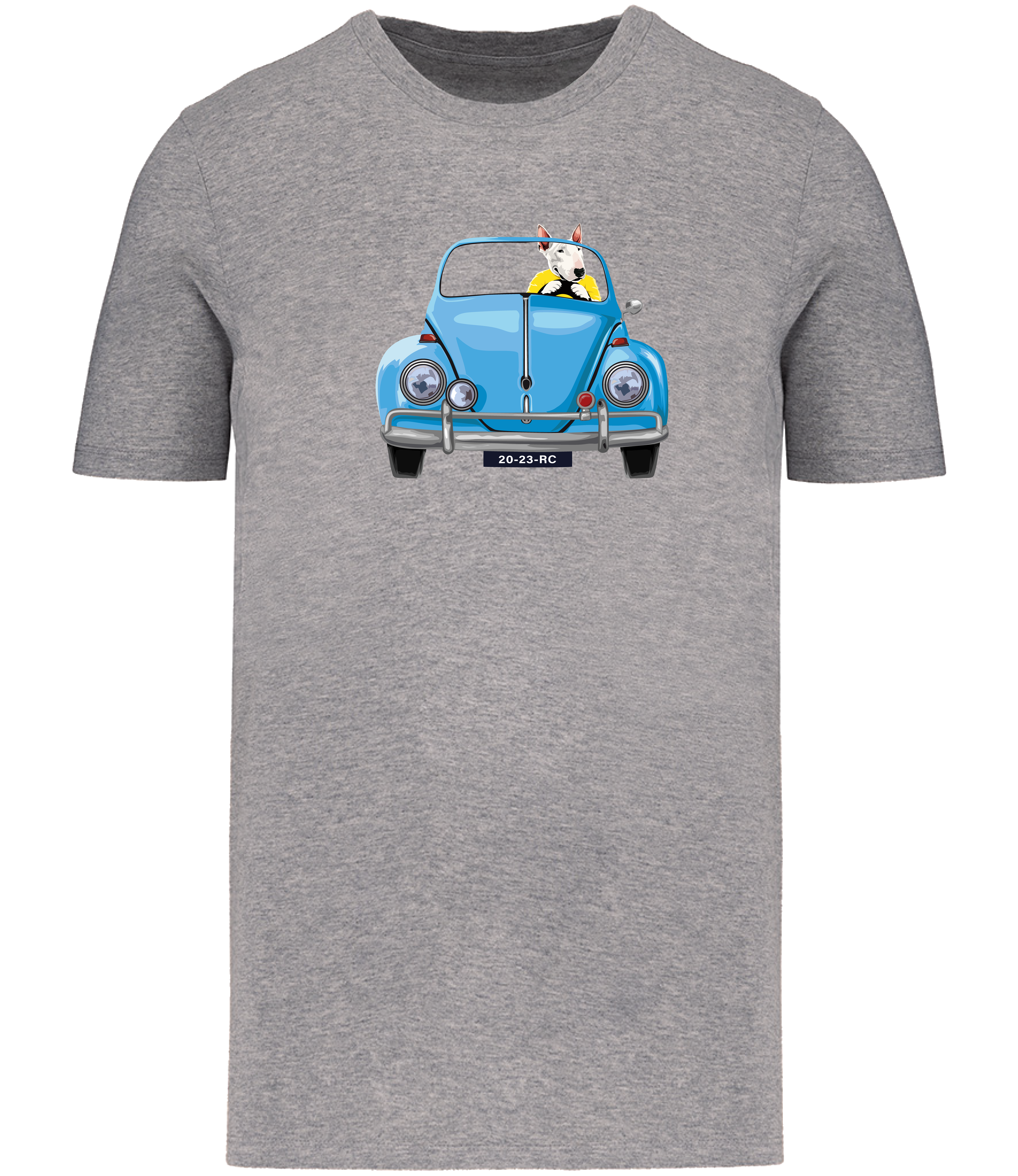 Grey T-shirt printed with an English Bull Terrier Dog wearing a yellow top driving a Blue Beetle Car