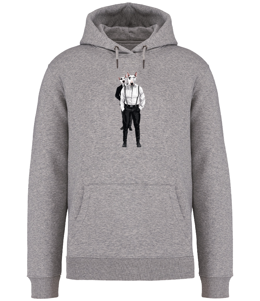 Grey Hoodie printed with 2 English Bull Terriers wearing suits and braces. One wearing glasses and the other one is looking over his shoulder.