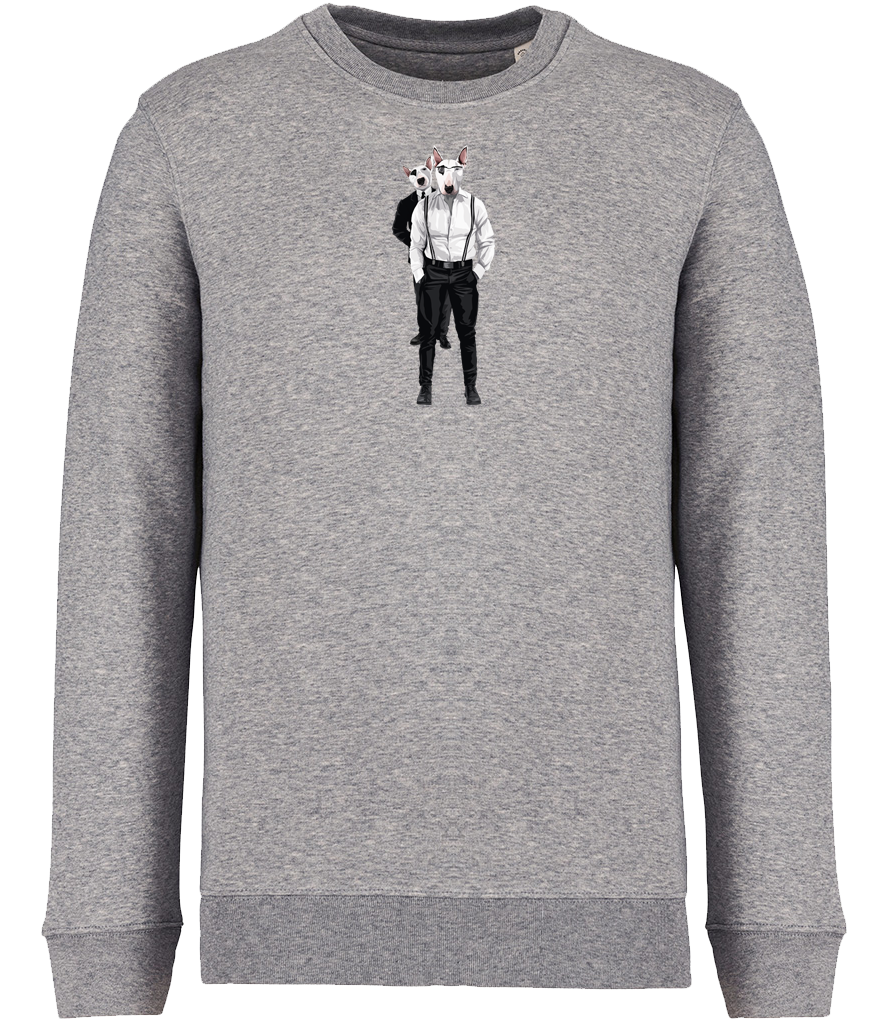Grey Sweatshirt printed with 2 English Bull Terriers wearing suits and braces. One wearing glasses and the other one is looking over his shoulder.