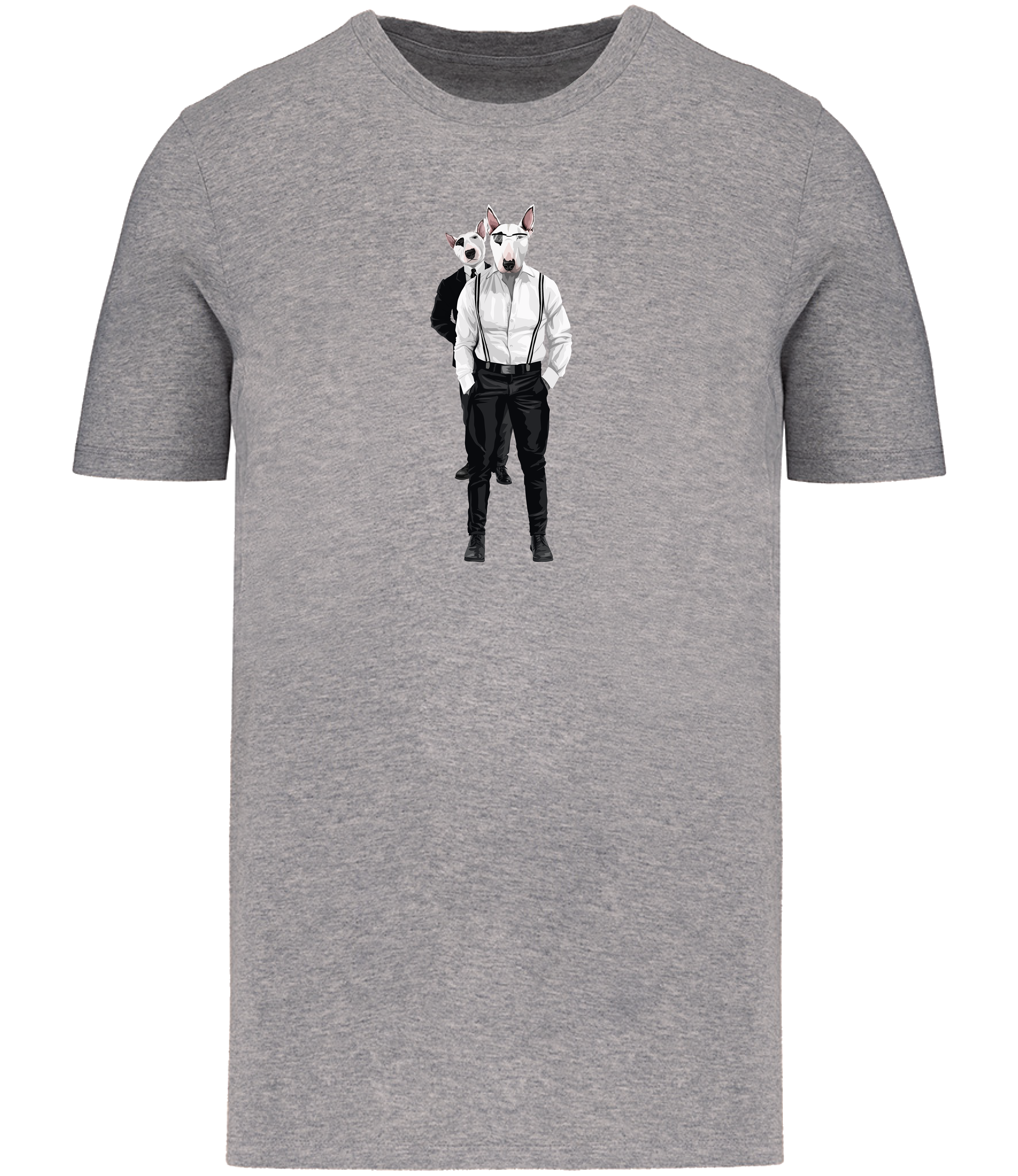 Grey T-shirt printed with 2 English Bull Terriers wearing suits and braces. One wearing glasses and the other one is looking over his shoulder.