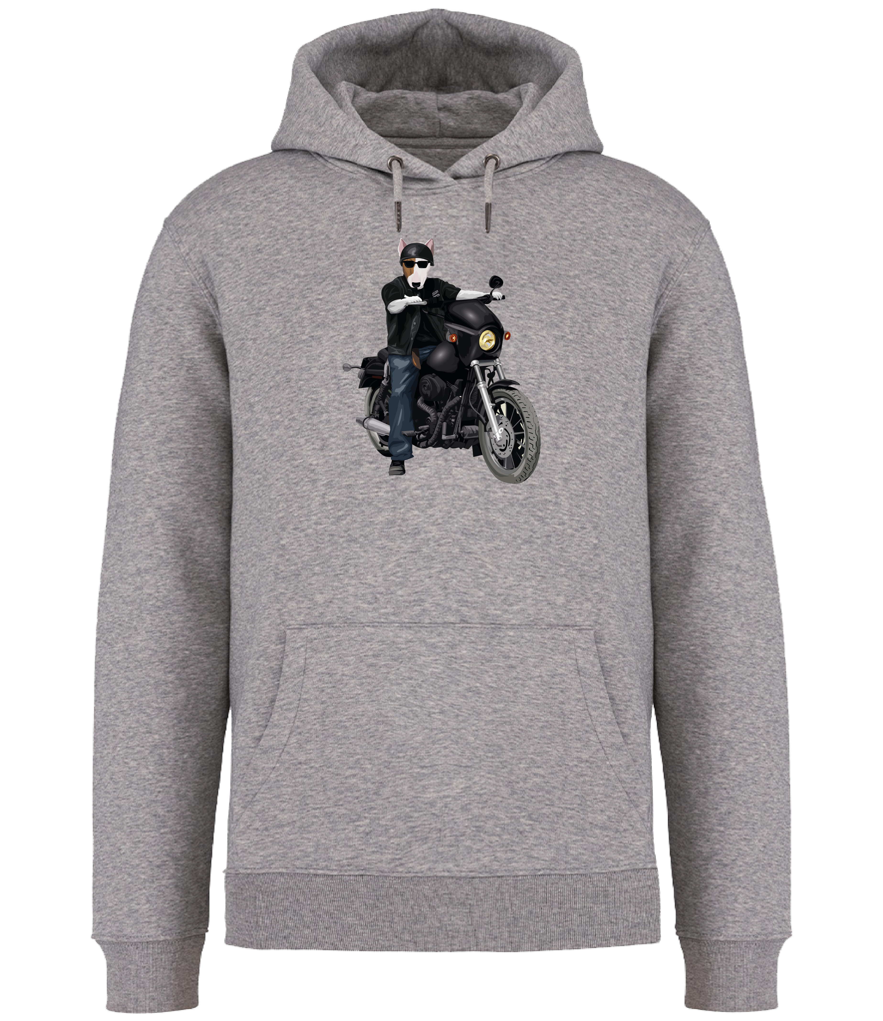 Grey Hoodie printed with an English Bull Terrier Dog riding a motorbike wearing a helmet