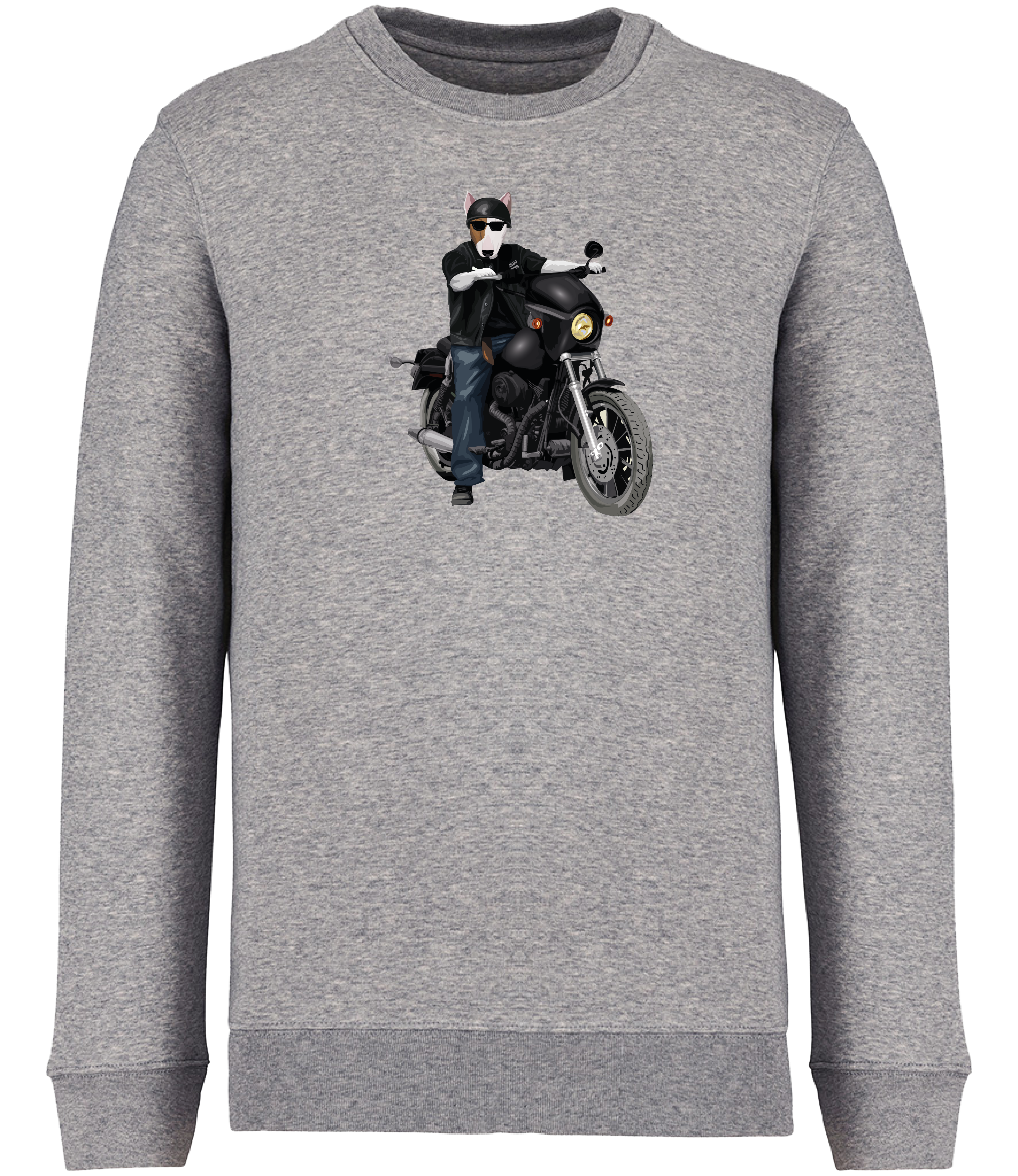 Grey sweatshirt printed with an English Bull Terrier Dog riding a motorbike wearing a helmet