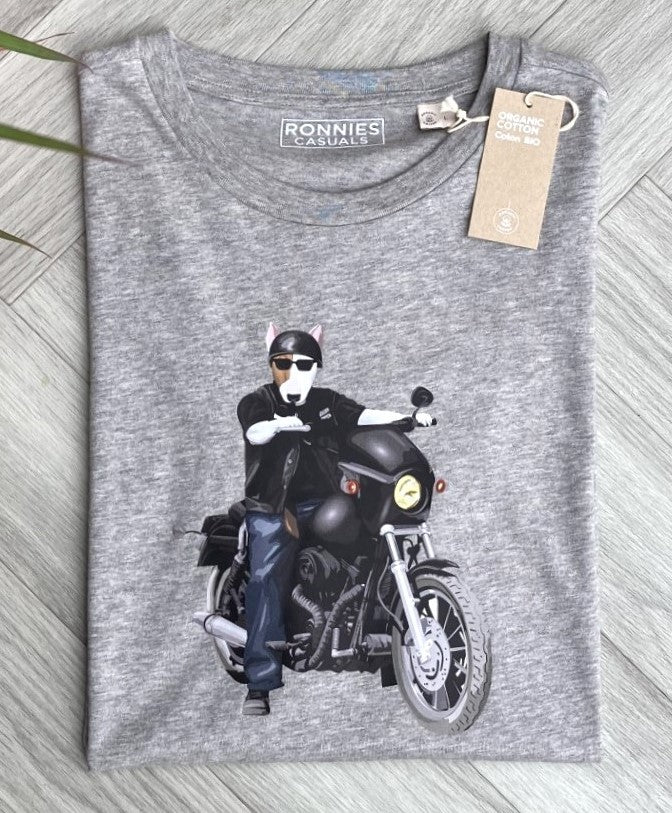 Grey T-shirt printed with an English Bull Terrier Dog riding a motorbike wearing a helmet