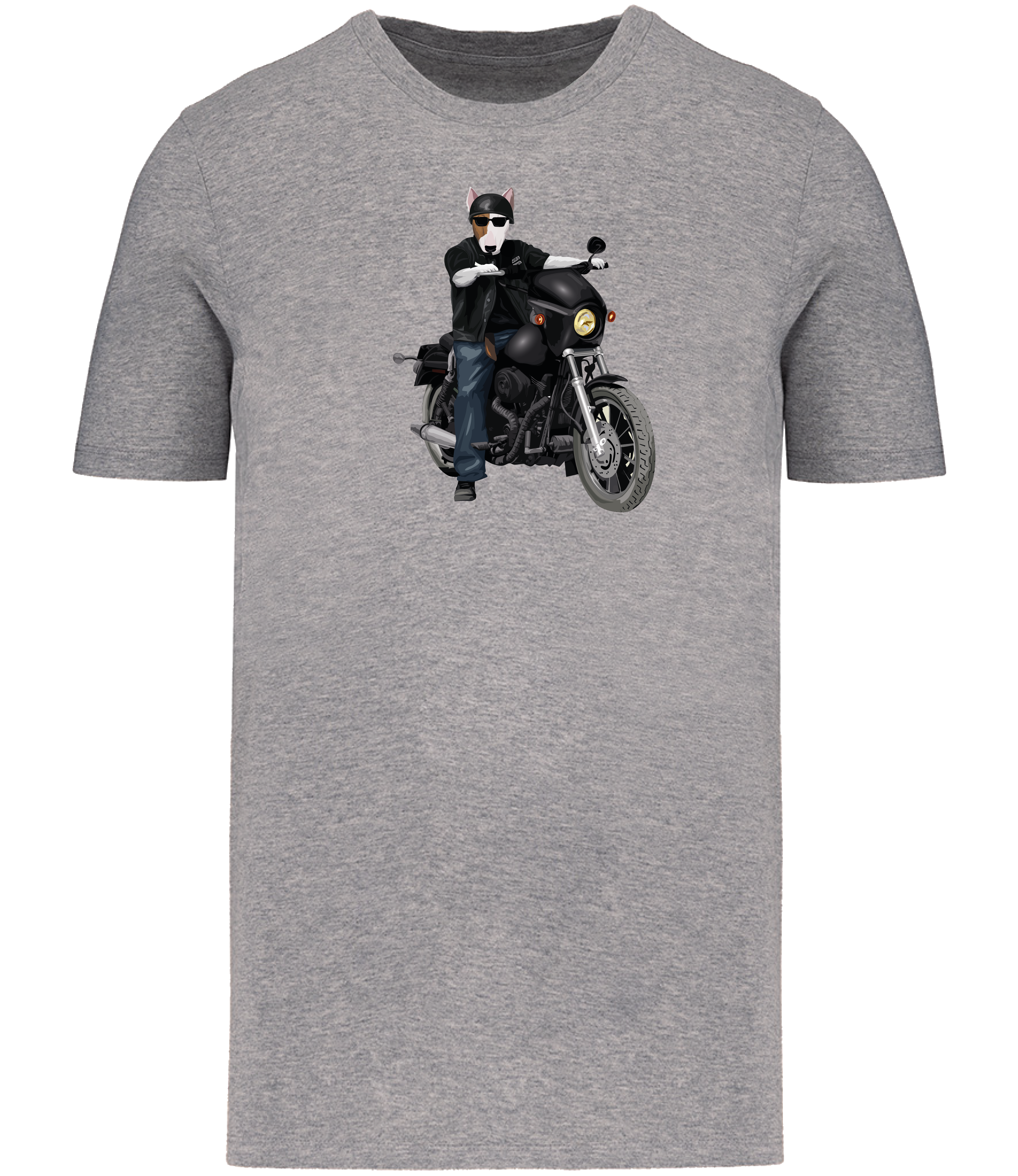 Grey T-shirt printed with an English Bull Terrier Dog riding a motorbike wearing a helmet