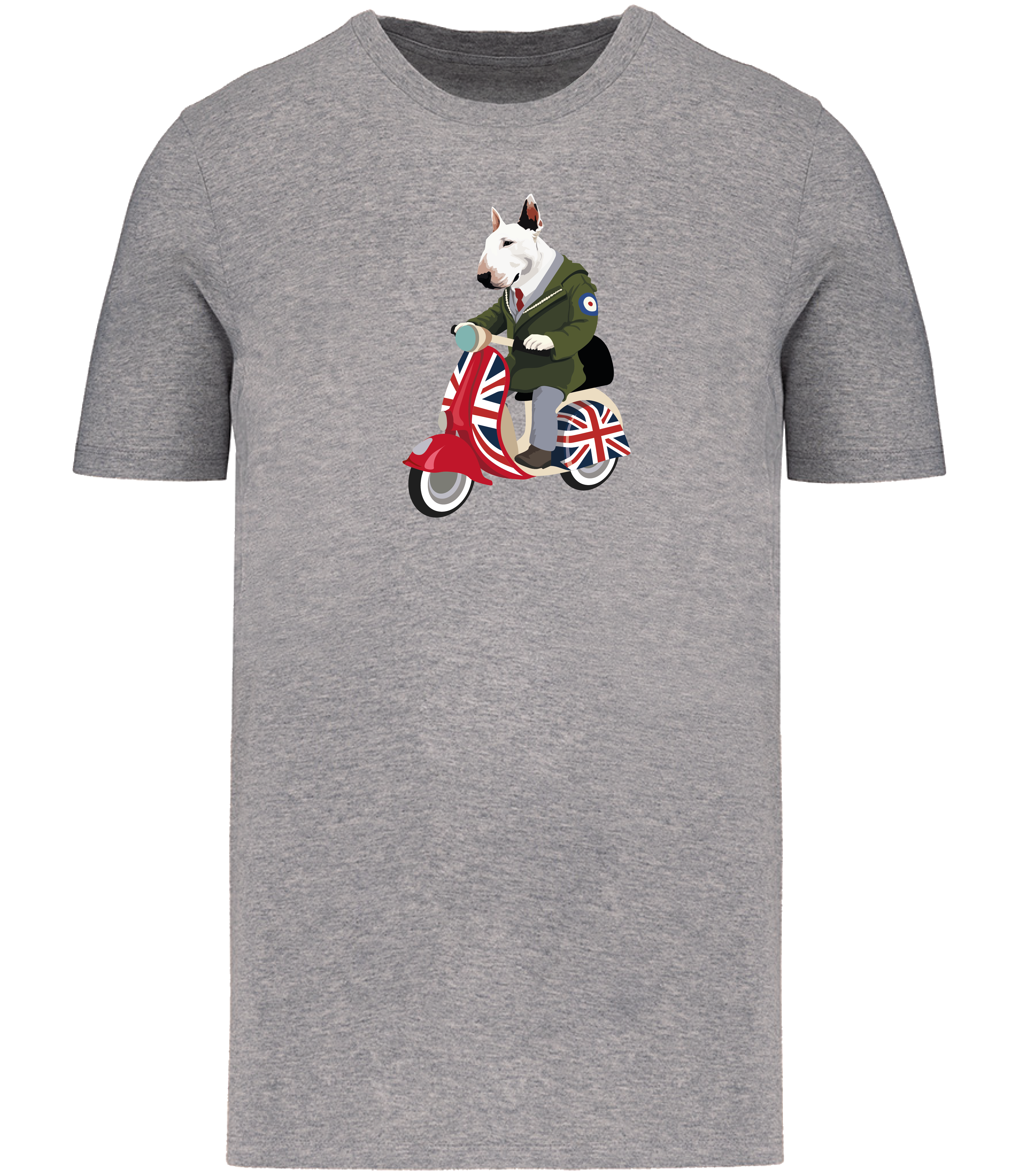 Grey T-shirt printed with and English Bull Terrier Dog wearing a parka coat riding a scooter painted in Union Jack colours