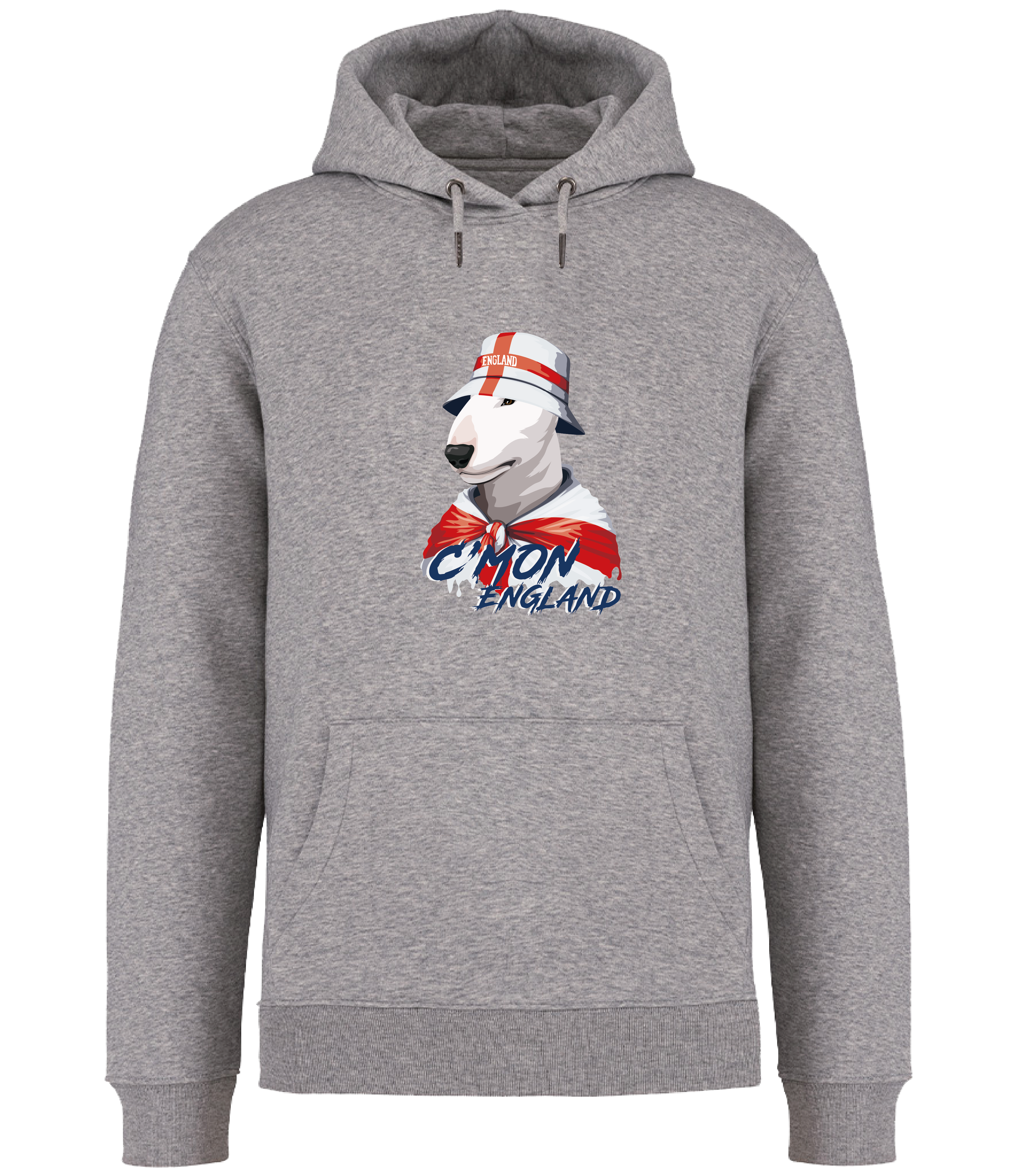 Dog hoodies for humans by Ronnies Casuals: Grey Hoodie printed with English Bull Terrier Dog wearing a St Georges flag hat and scarf.  The words C'mon England printed underneath