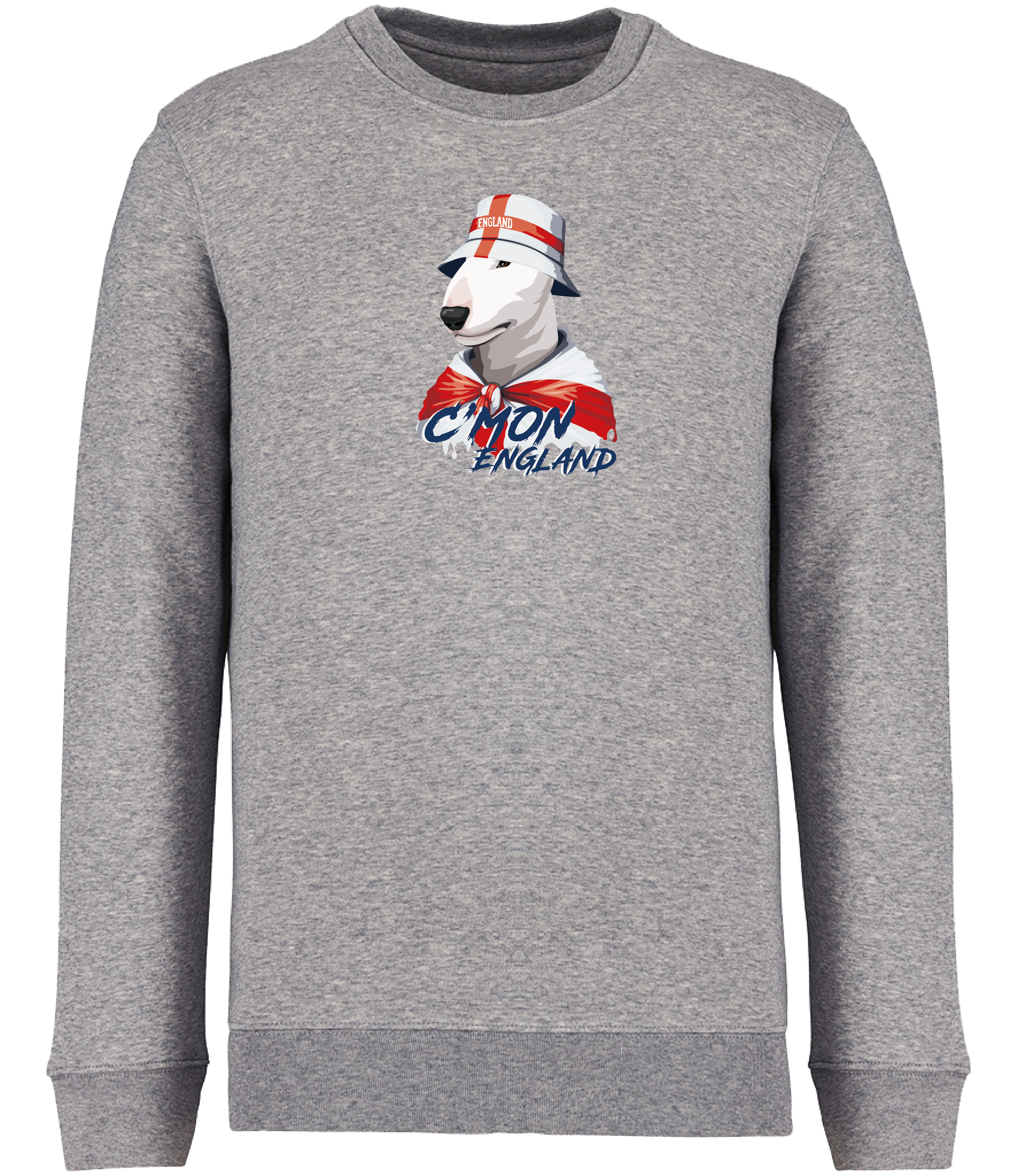 Ronnies Casuals Grey Sweatshirt printed with English Bull Terrier Dog wearing a St Georges flag hat and scarf.  The words C'mon England printed underneath