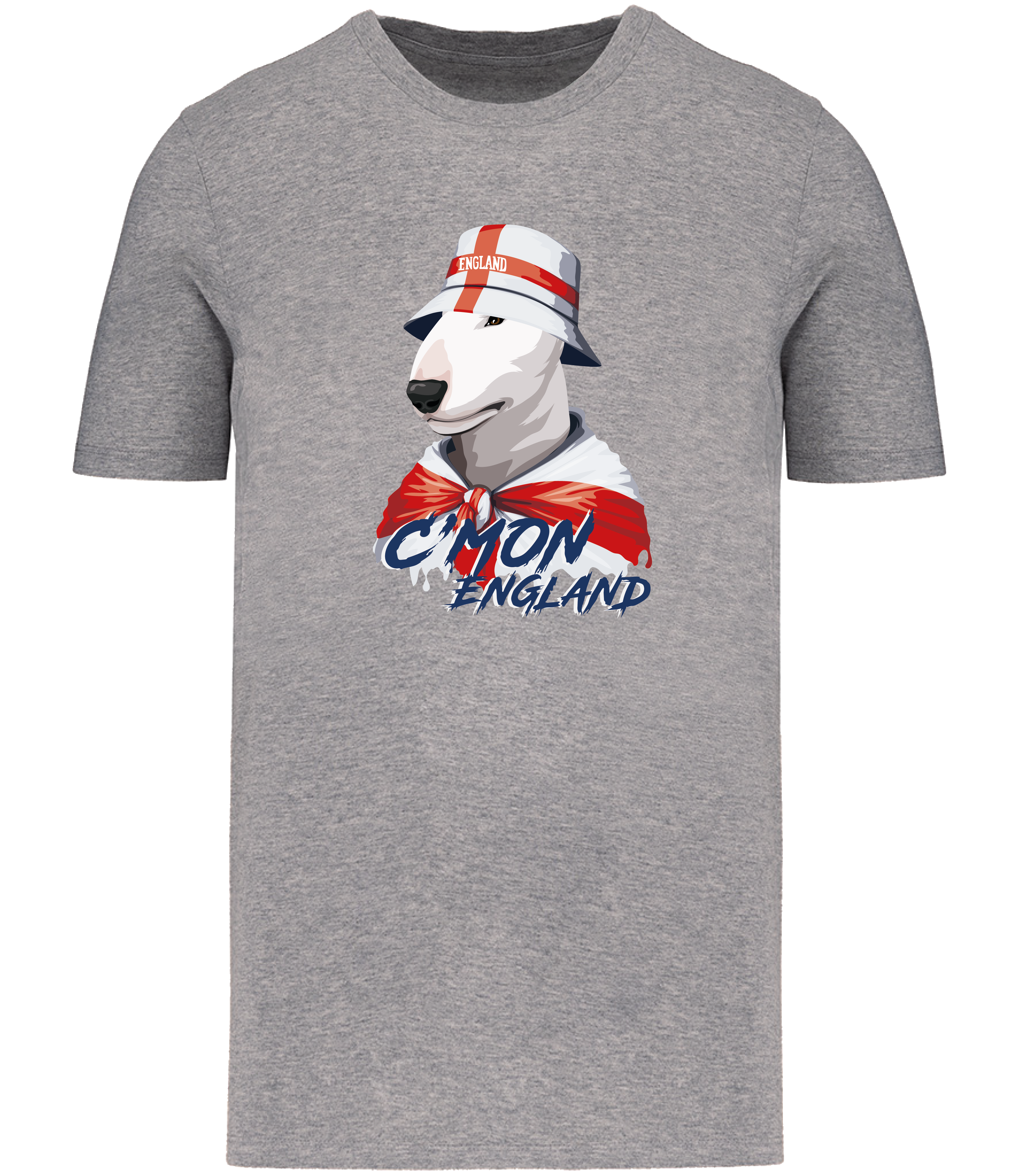 Grey T-shirt printed by Ronnies Casuals with English Bull Terrier Dog wearing a St Georges flag hat and scarf.  The words C'mon England printed underneath