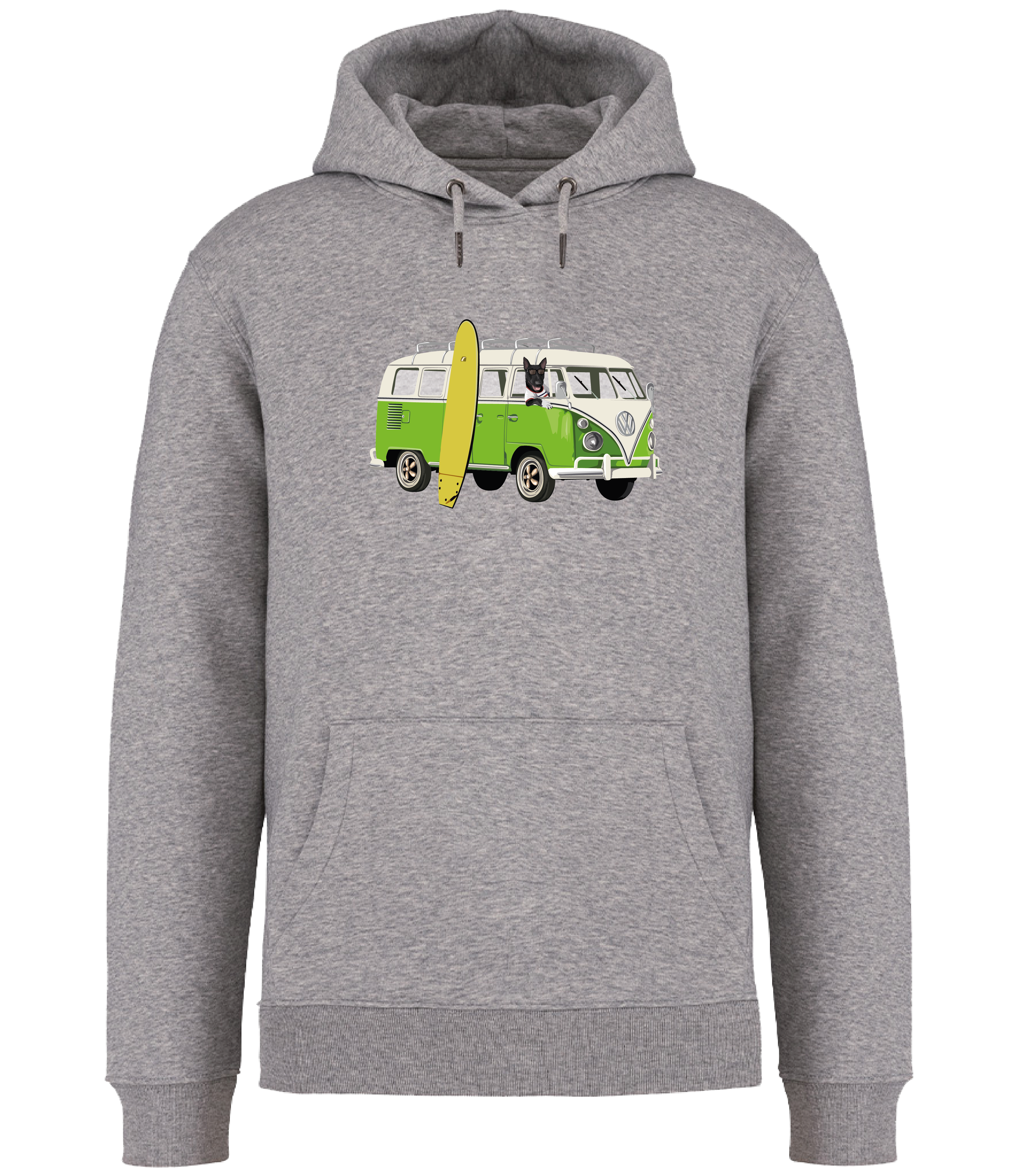 Grey Hoodie printed with and English Bull Terrier Dog in a camper van with a surf board