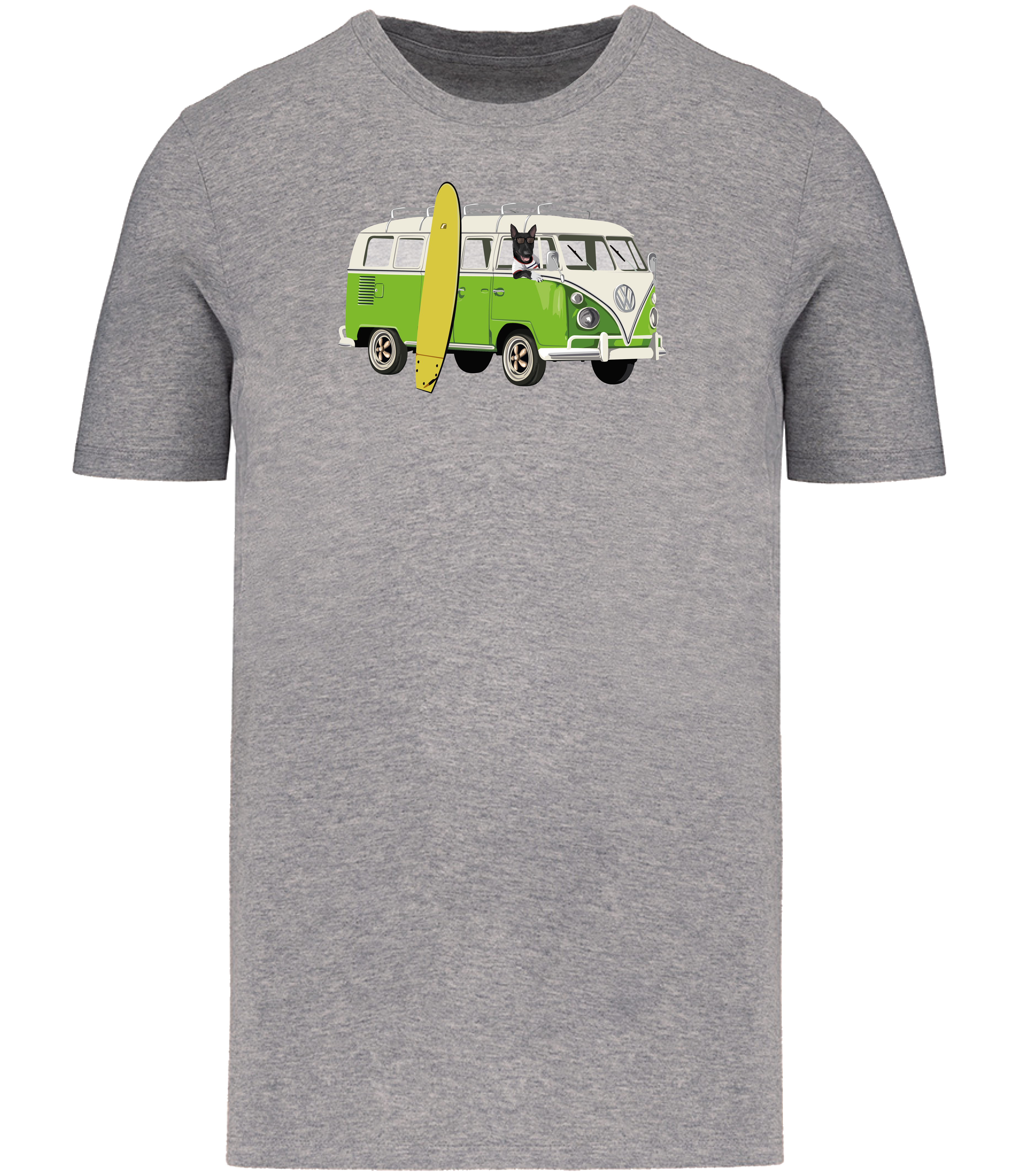 Grey T-shirt printed with and English Bull Terrier Dog in a camper van with a surf board