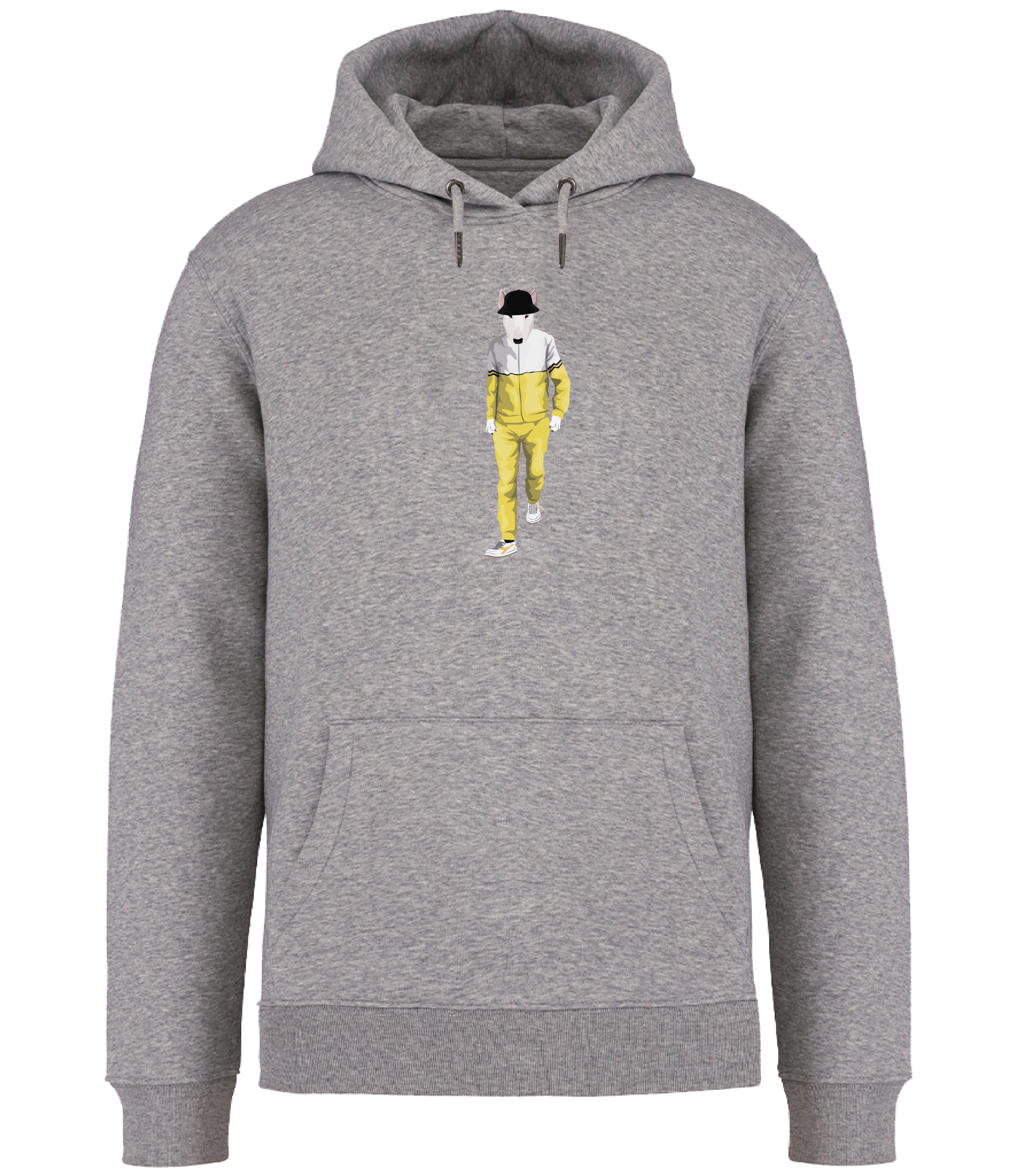 Grey Hoodie printed with an English Bull terrier Dog wearing a yellow and white tracksuit, trainers and a black bucket hat