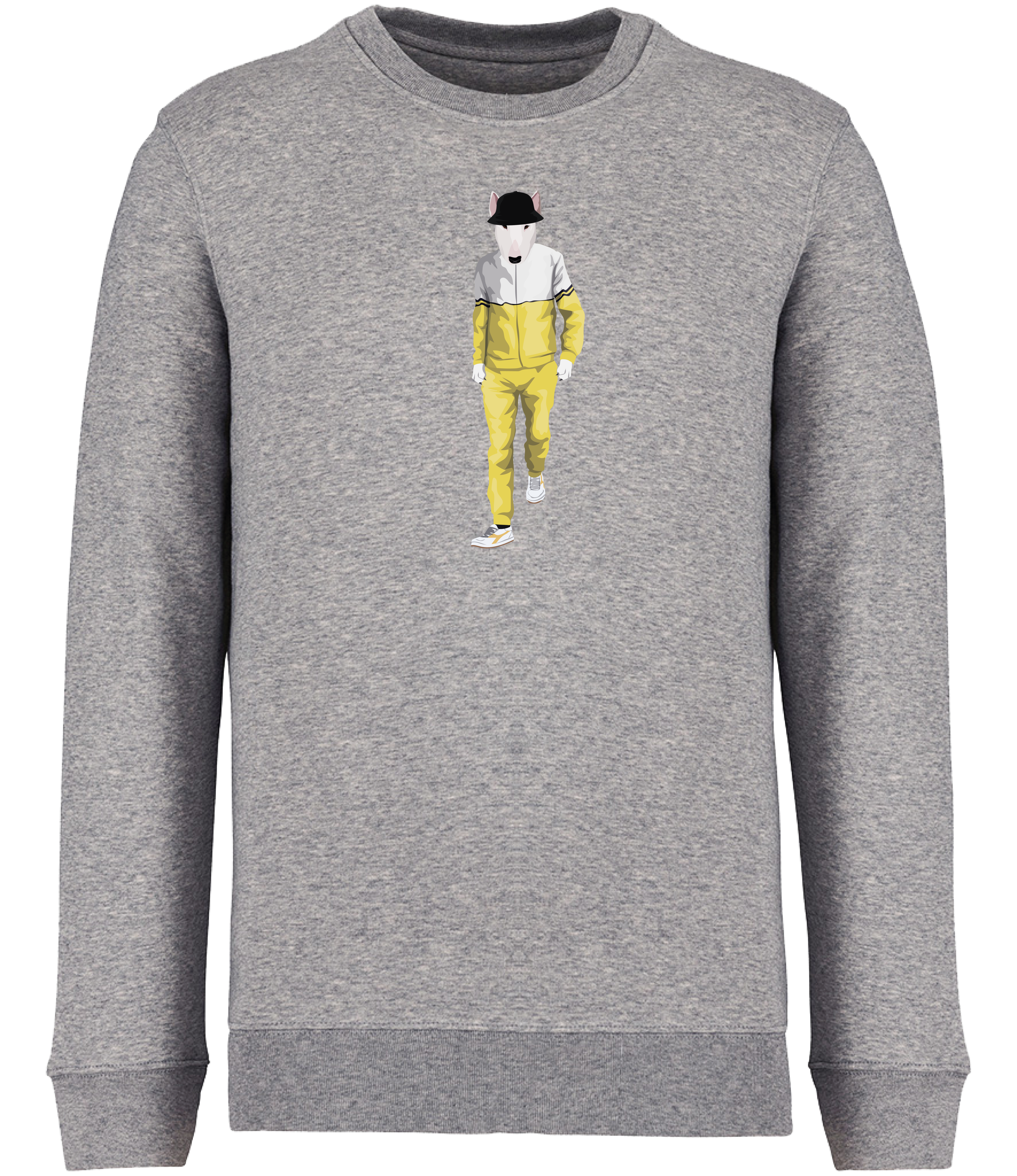 Grey Sweatshirt printed with an English Bull terrier Dog wearing a yellow and white tracksuit, trainers and a black bucket hat