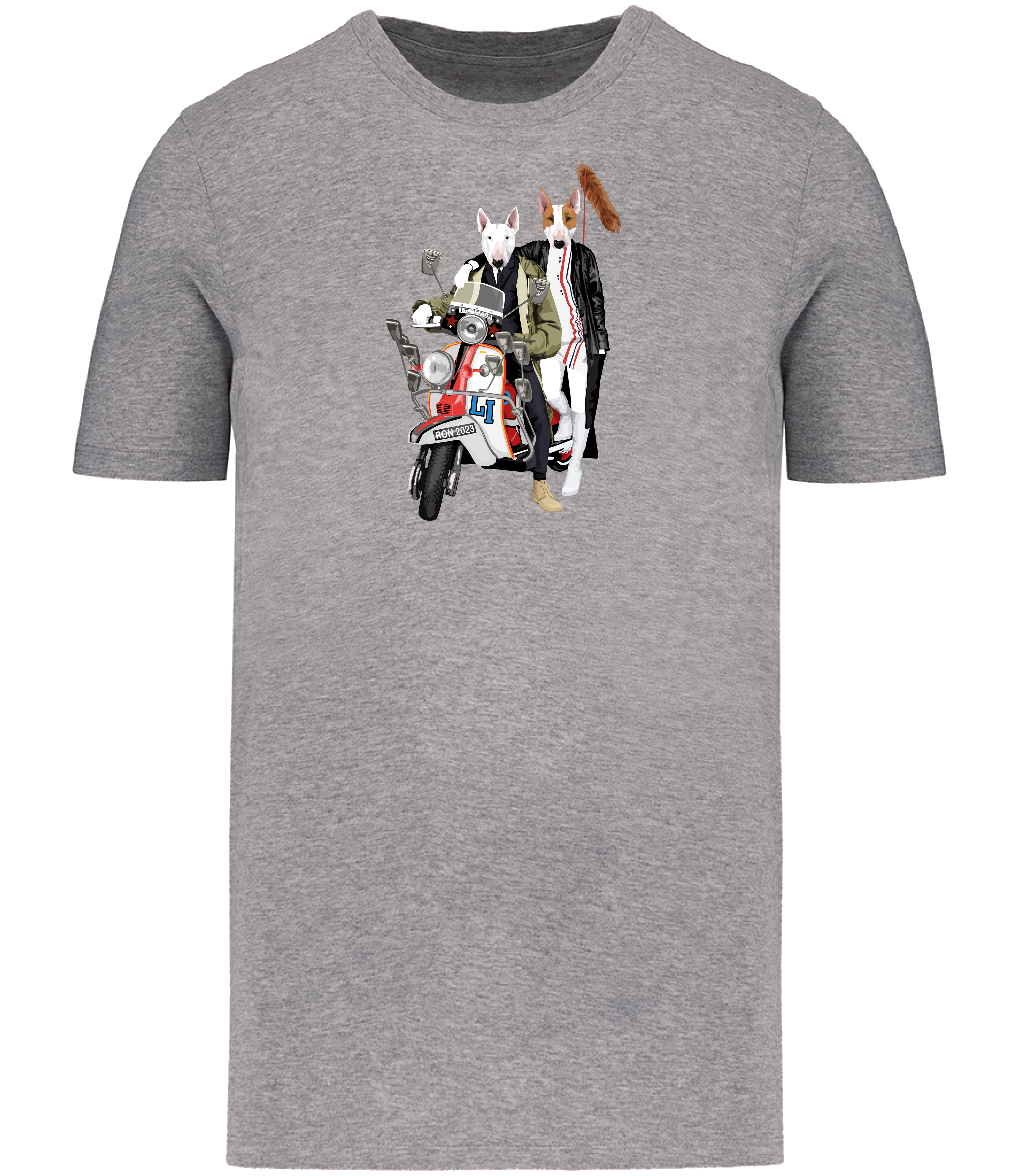 Grey T-shirt printed with a Boy and Girl English Bull Terrier Dogs Sitting on a classic Scooter with a foxtail on the back