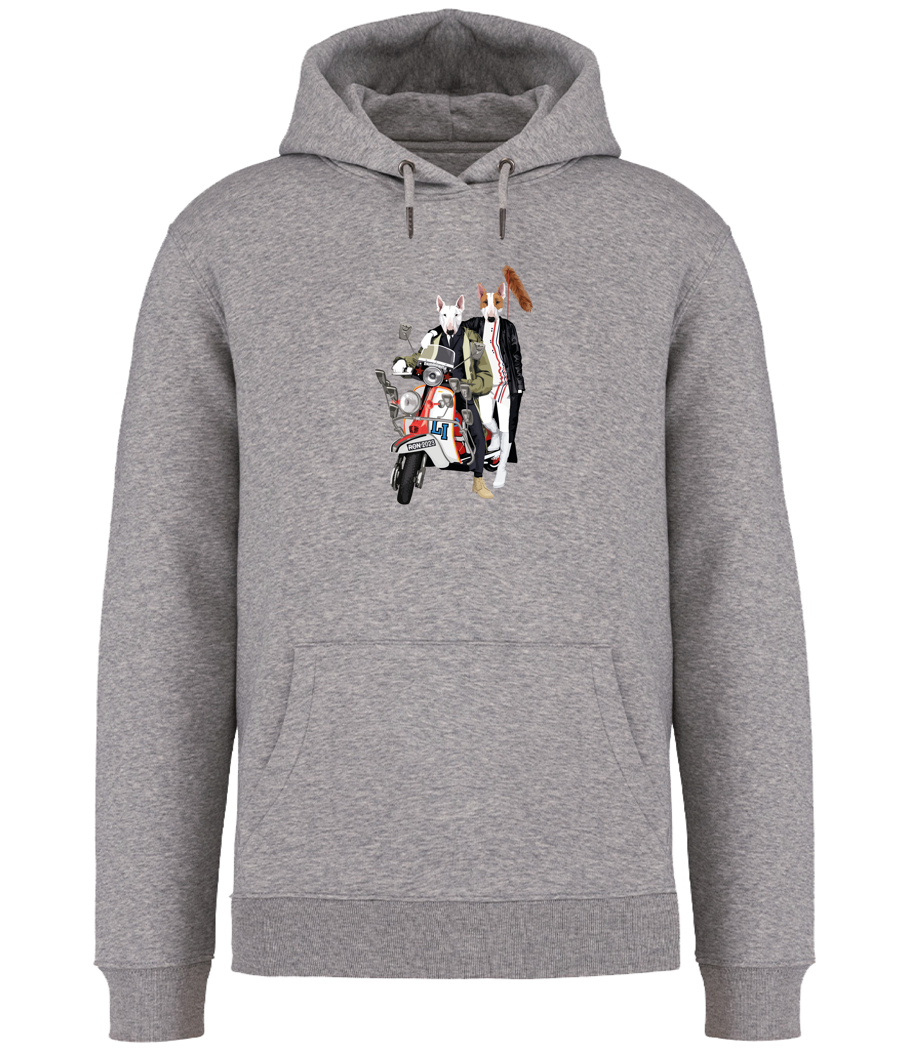 Grey Hoodie printed with 2 English bull terrier dogs wearing trendy clothes riding a red and white scooter with fox tail on the back