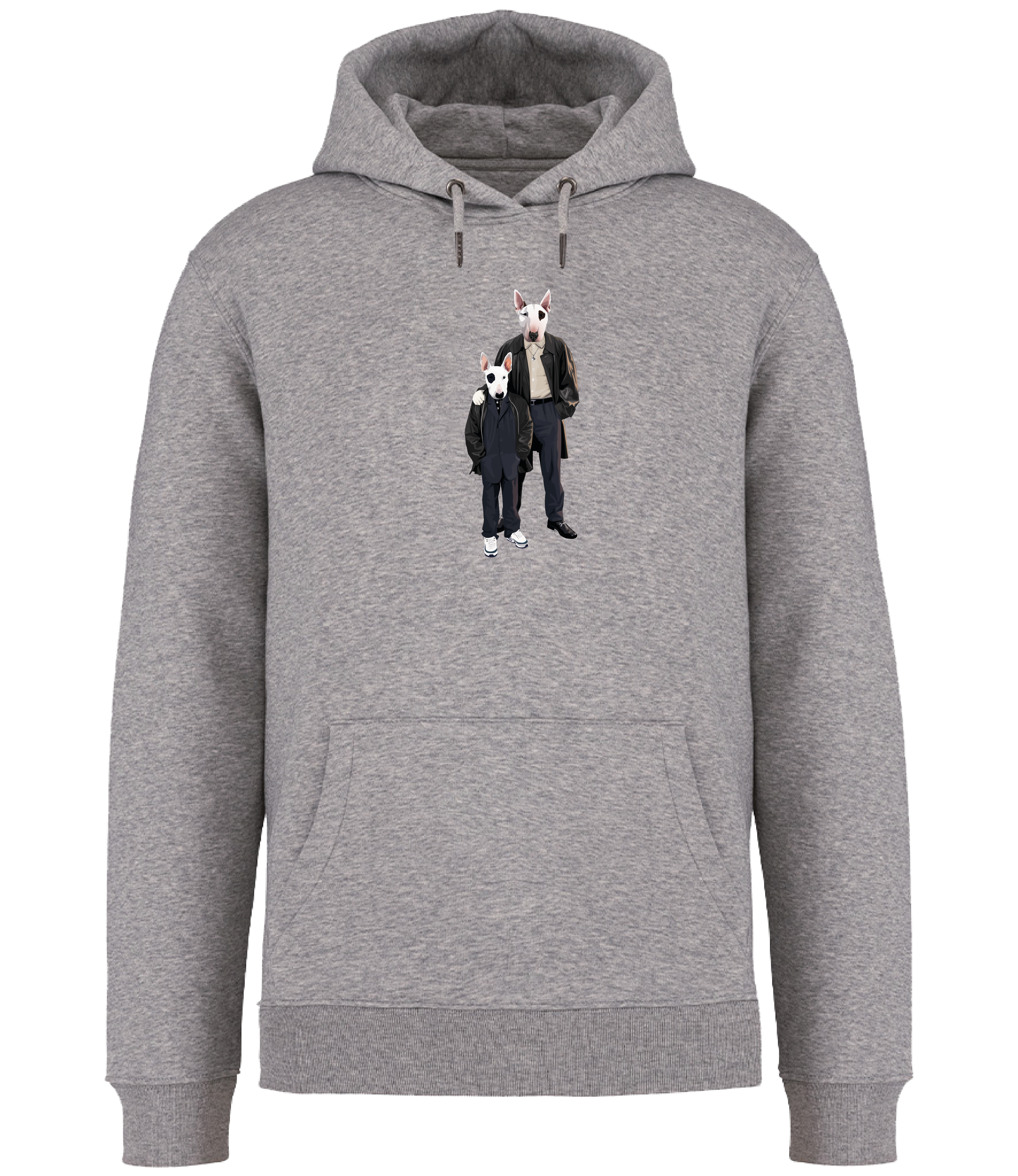 Grey Hoodie printed with an adult and boy English Bull Terrier Dogs wearing suits and leather jackets