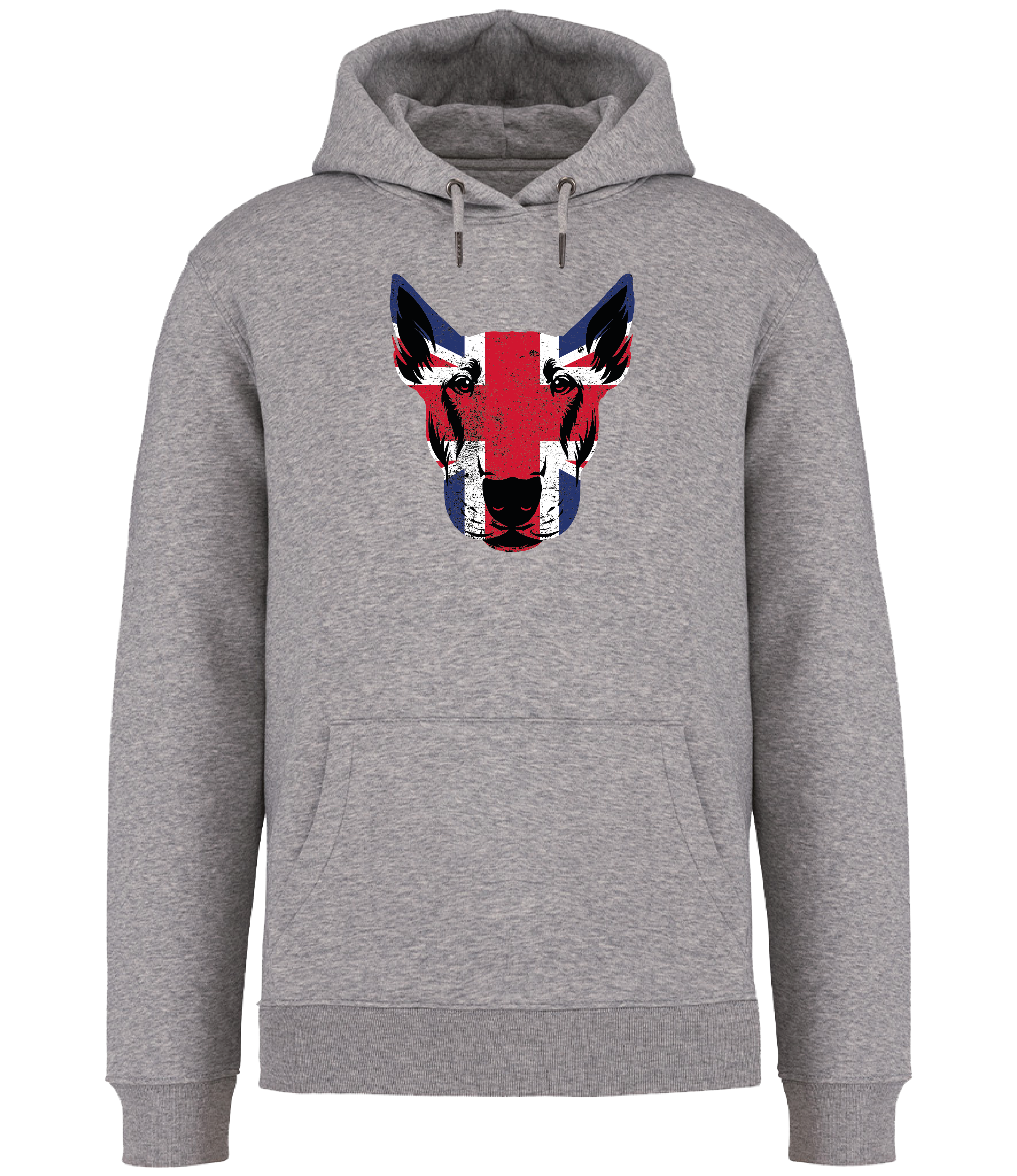 Ronnies Casuals Grey Hoodie printed with an English Bull Terrier Face covered in Union Jack Colours