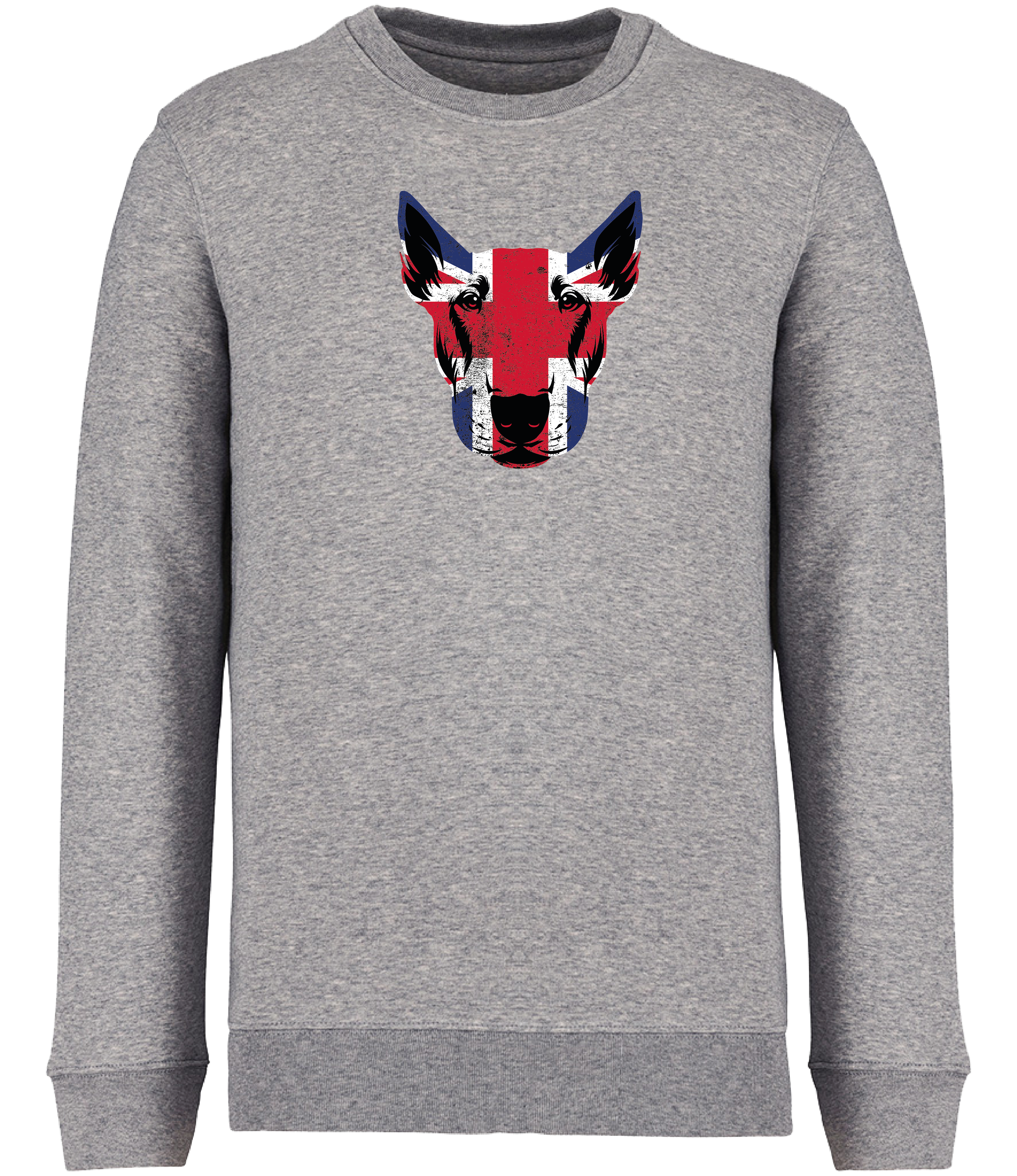 Ronnies Casuals Grey Sweatshirt printed with an English Bull Terrier Face covered in Union Jack Colours