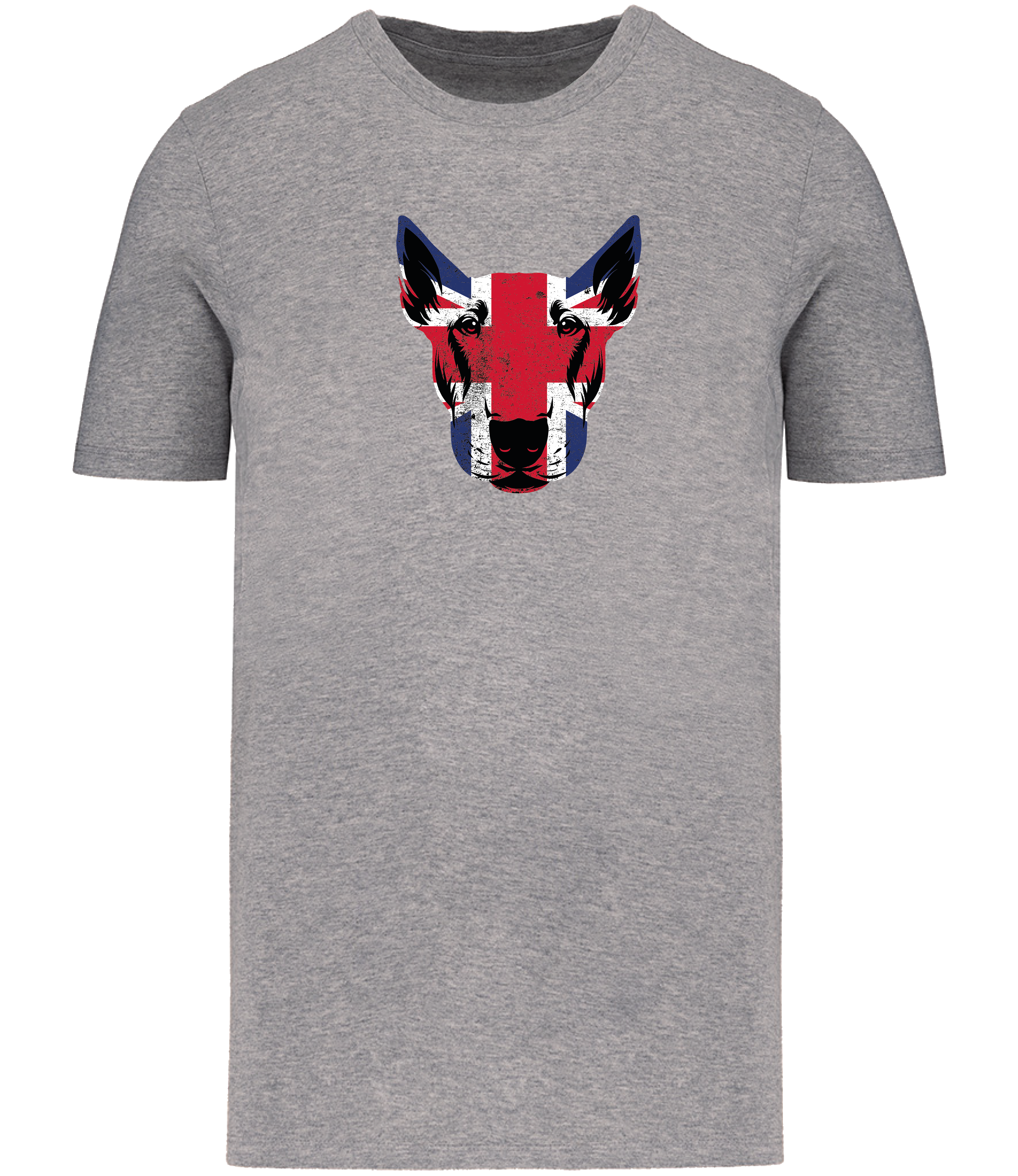 Grey T-shirt printed with and English Bull Terrier Face covered in Union Jack Colours
