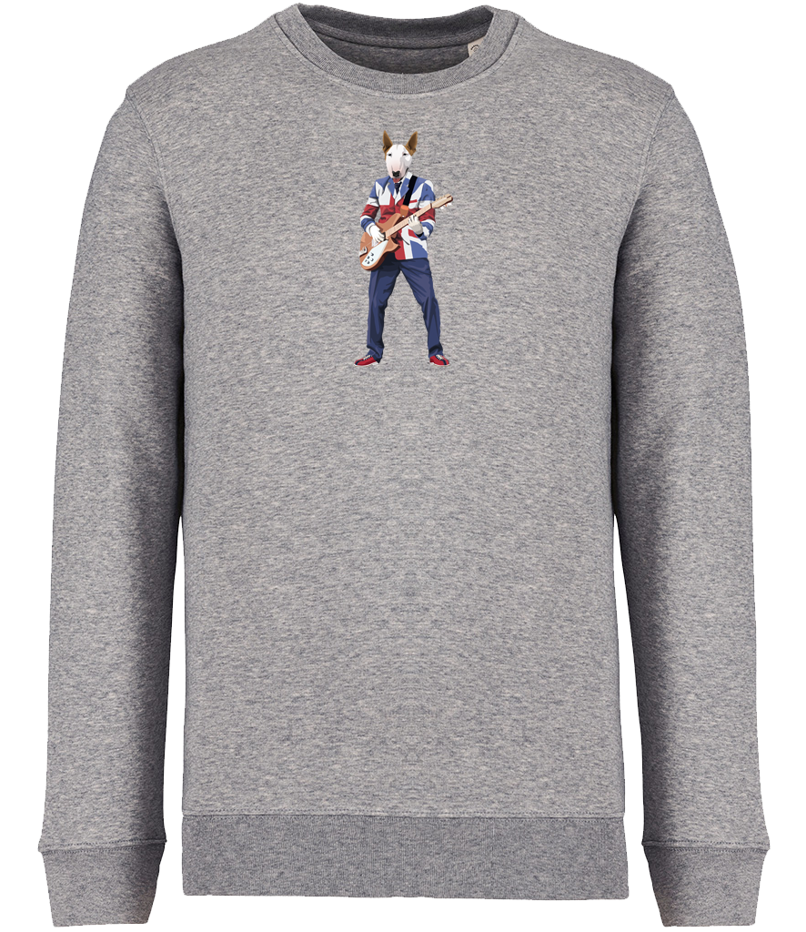 Grey Sweatshirt printed with an English Bull Terrier Dog wearing a Union Jack jacket playing a guitar