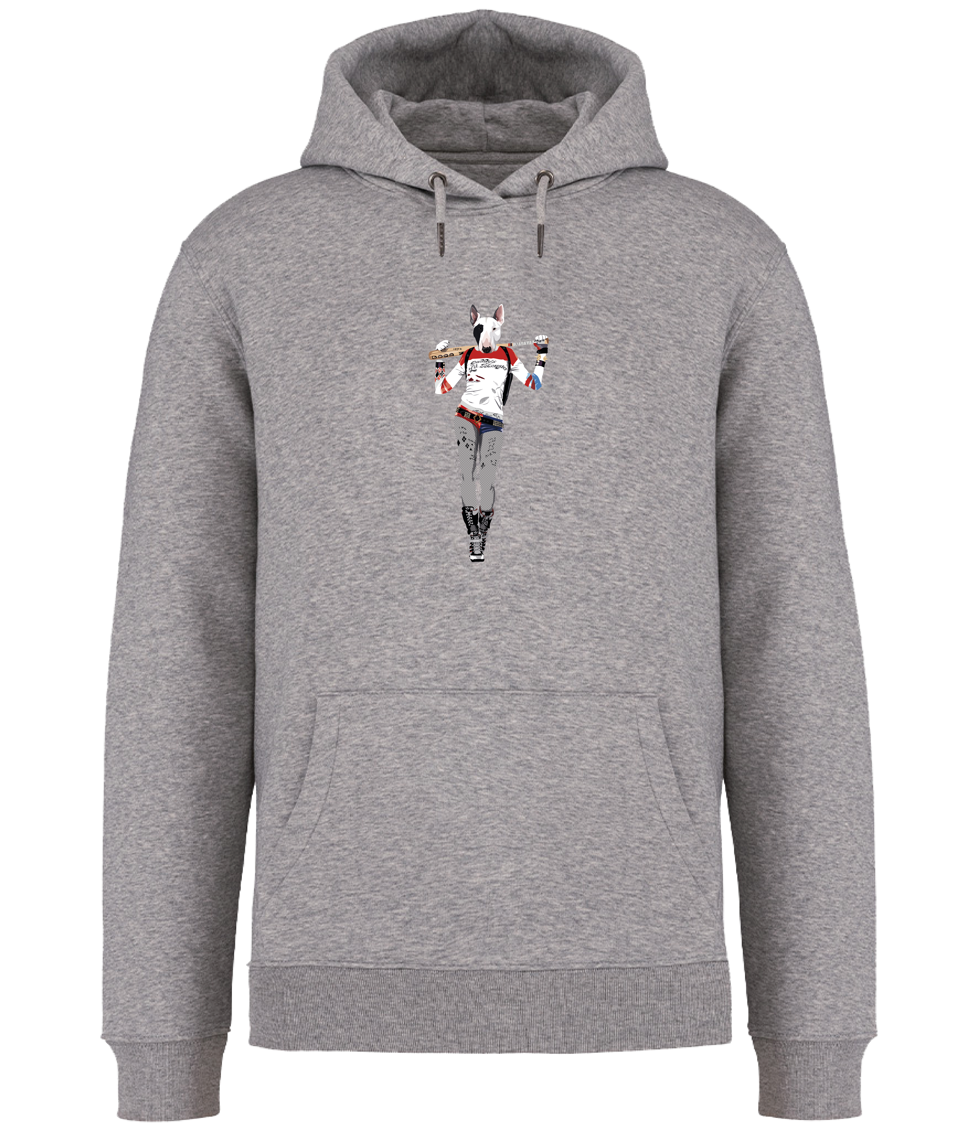 Grey Hoodie printed with and English Bull Terrier Dog dressed as the Harley Quinn character