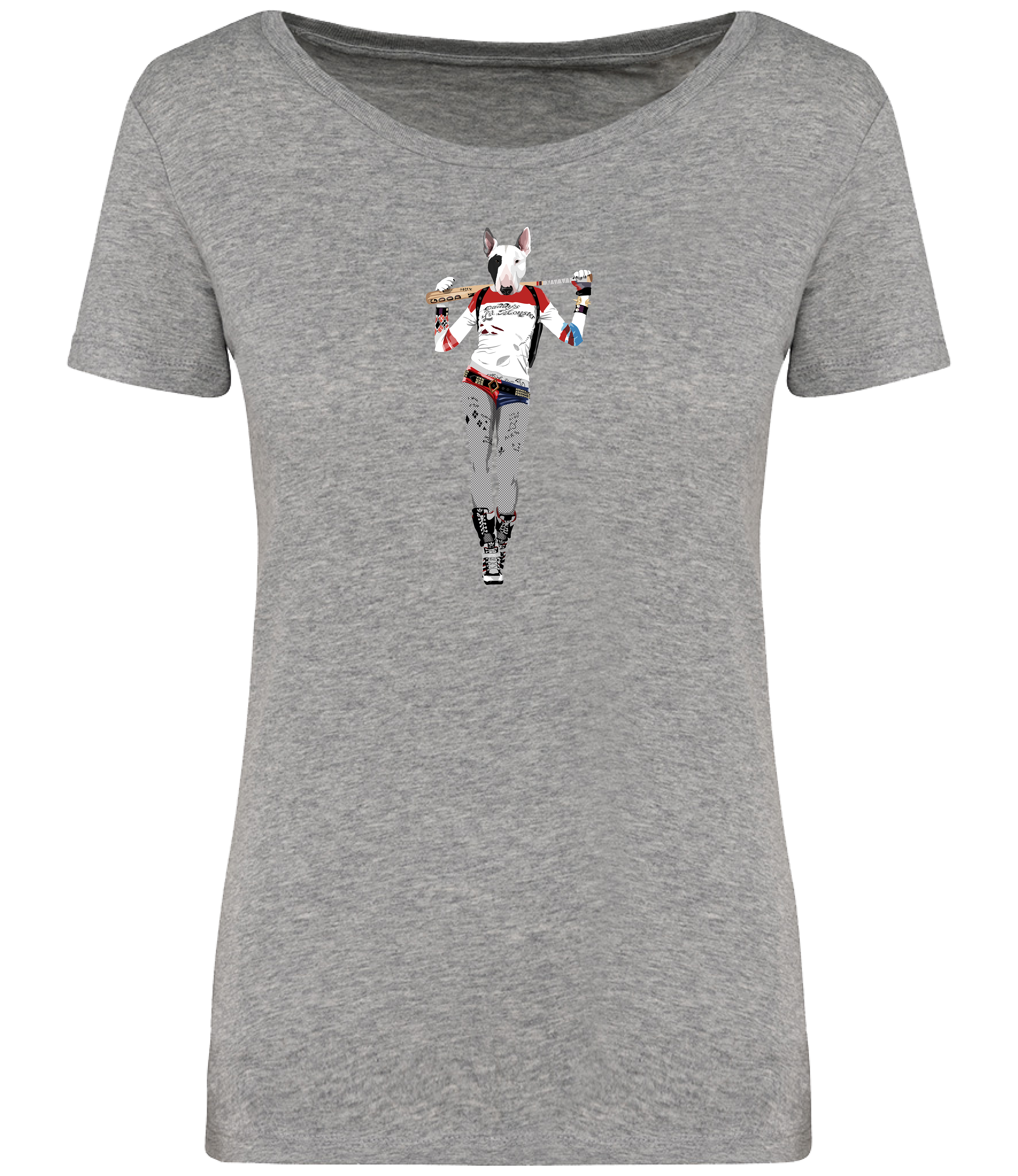 Grey ladies T-shirt printed with and English Bull Terrier Dog dressed as the Harley Quinn character