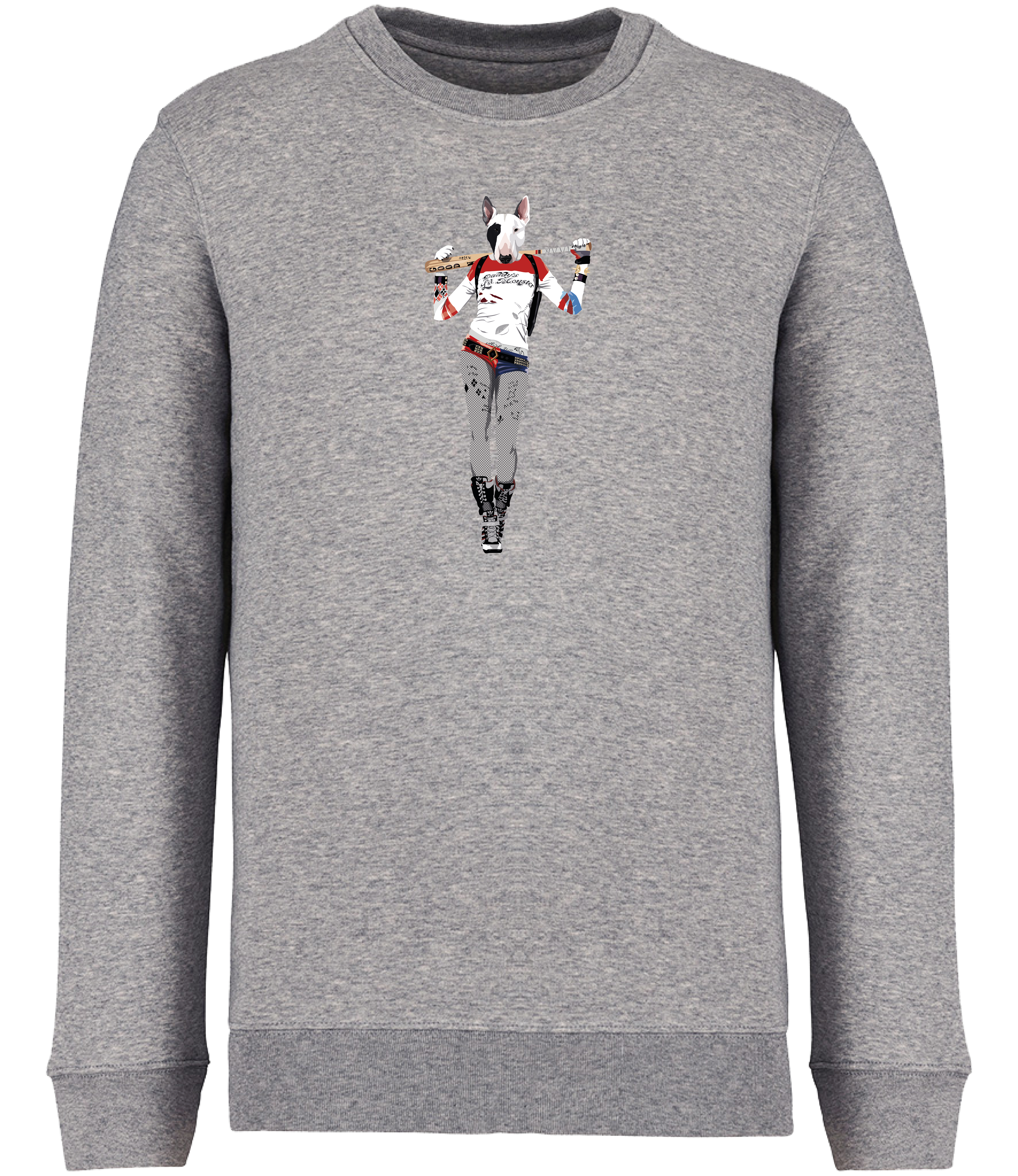 Grey Sweatshirt printed with and English Bull Terrier Dog dressed as the Harley Quinn character