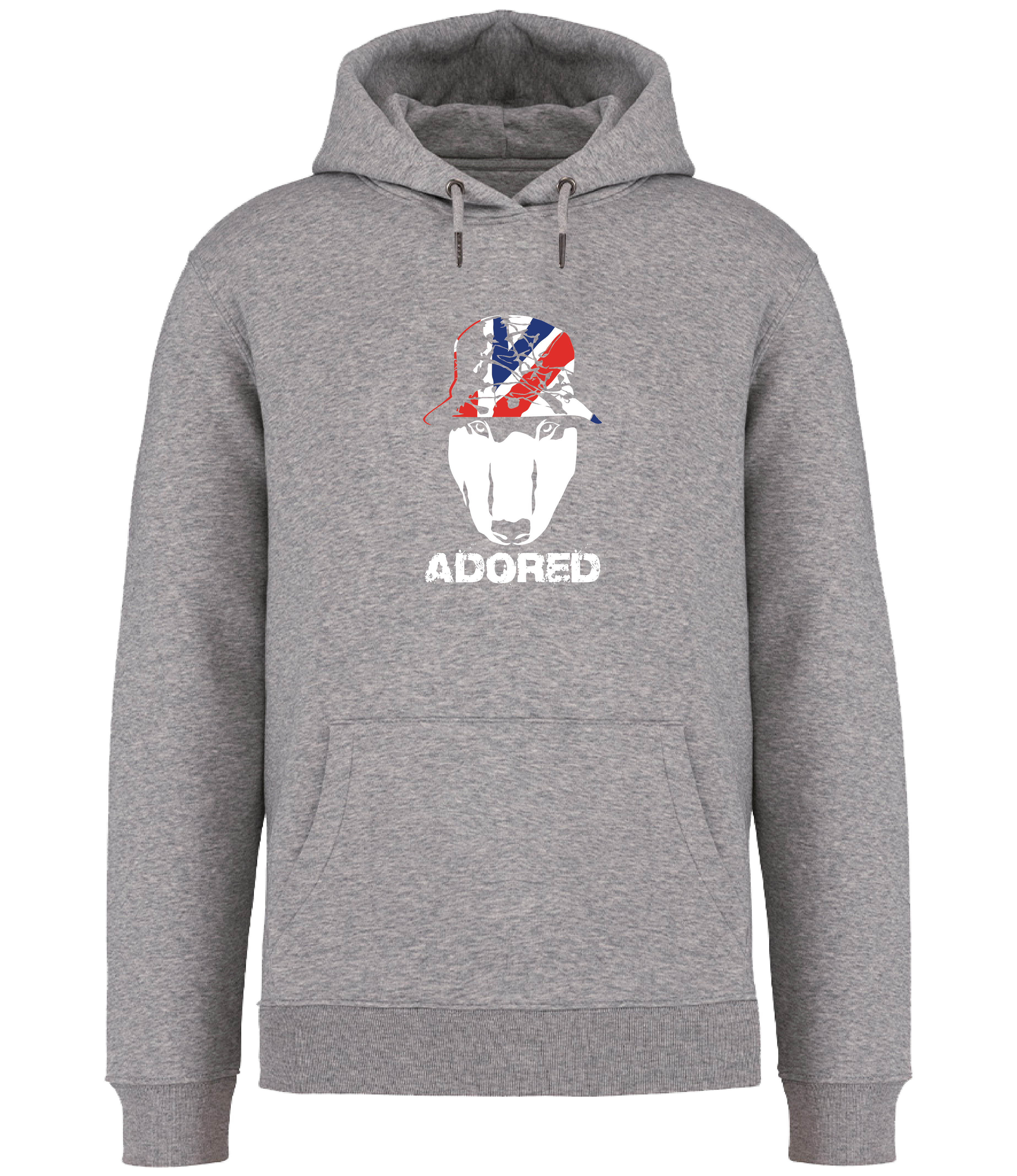 Grey Hoodie printed by Ronnies Casuals with English Bull Terrier head wearing a union jack bucket hat and the words adored underneath