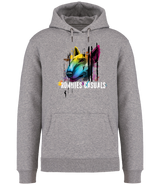 Grey colour Hoodie with an angry looking English Bull Terrier Dog Head in bright colours