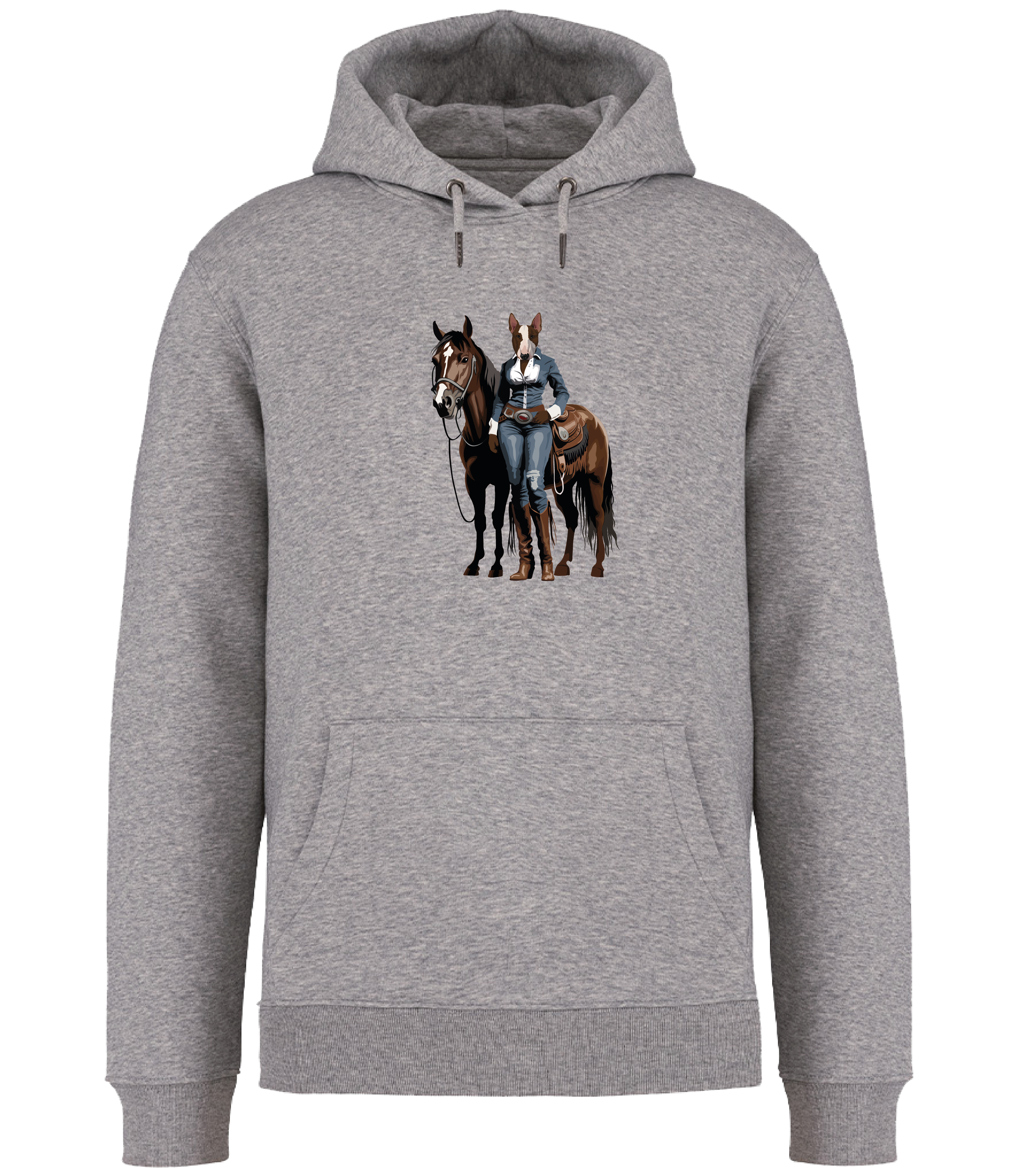Grey Hoodie printed with and English Bull Terrier Dog dressed in denim western clothing with a horse in western style
