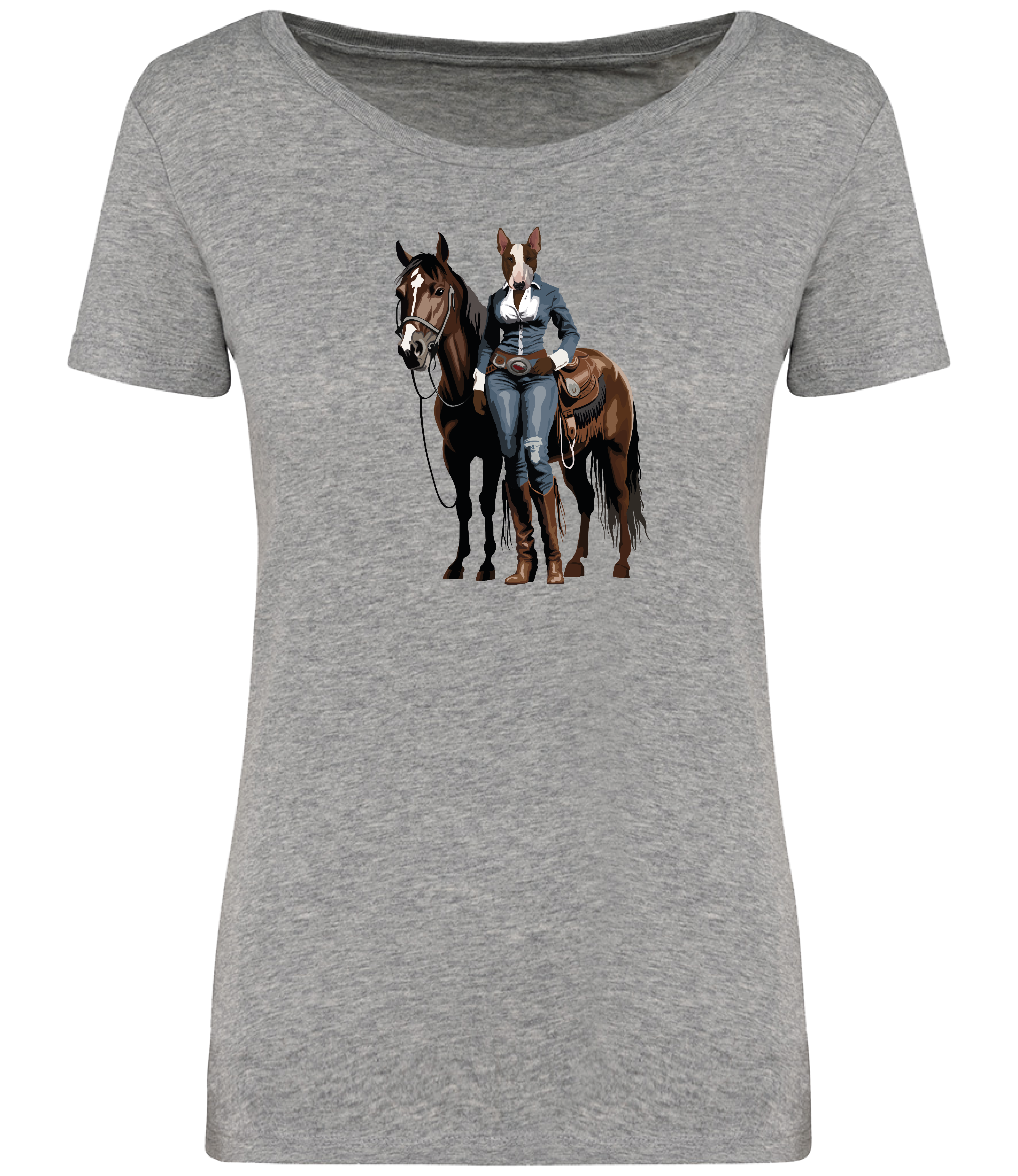 Grey T-shirt printed with and English Bull Terrier Dog dressed in denim western clothing with a horse in western style