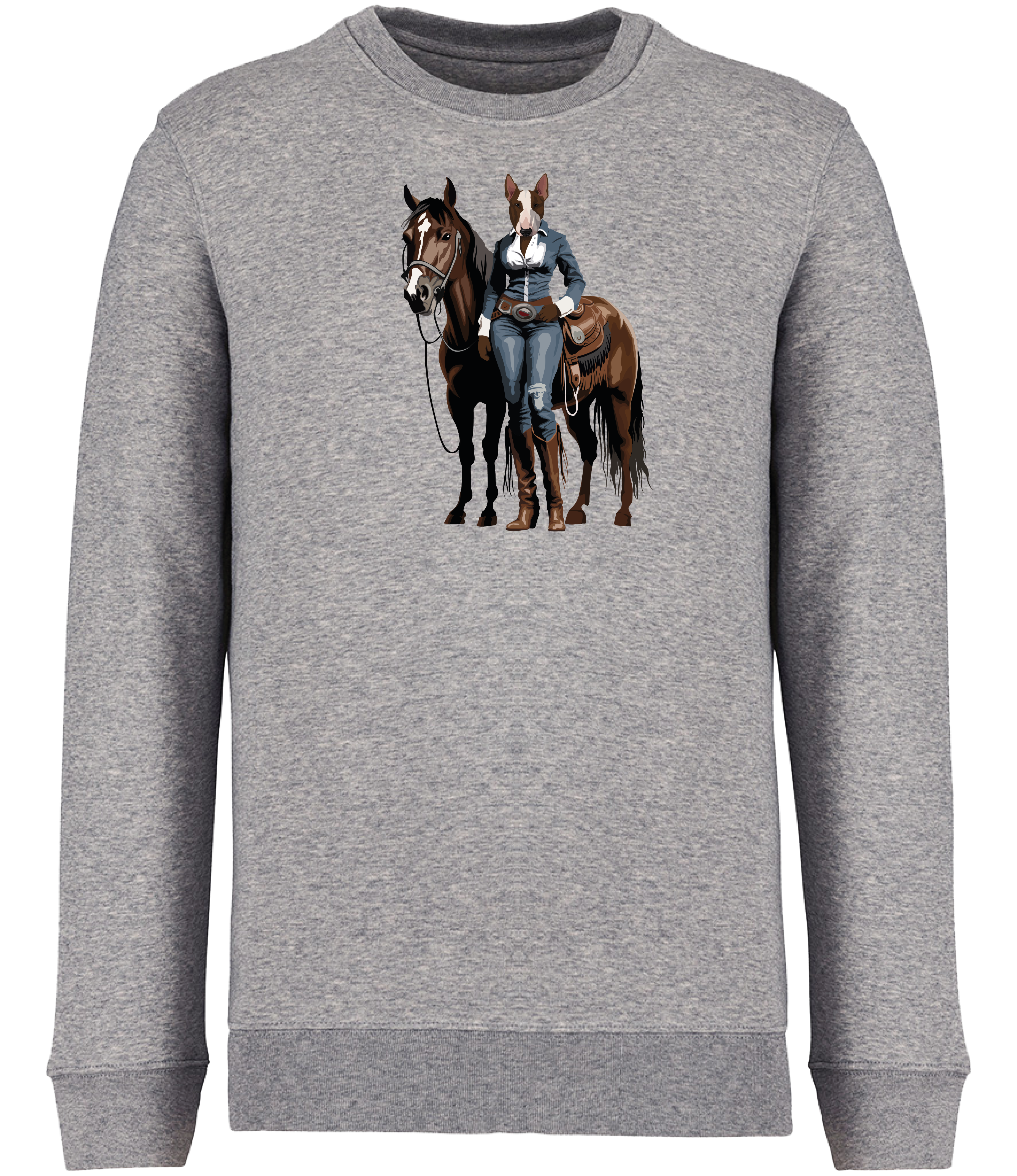 Grey Sweatshirt printed with and English Bull Terrier Dog dressed in denim western clothing with a horse in western style
