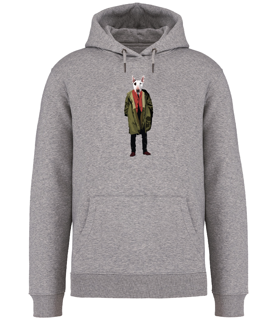 Grey Hoodie printed with English Bull Terrier Dog wearing a green Parka Jacket and red waistcoat