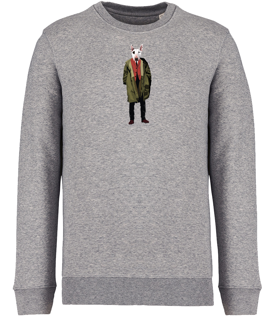 Grey Sweatshirt printed with English Bull Terrier Dog wearing a green Parka Jacket and red waistcoat