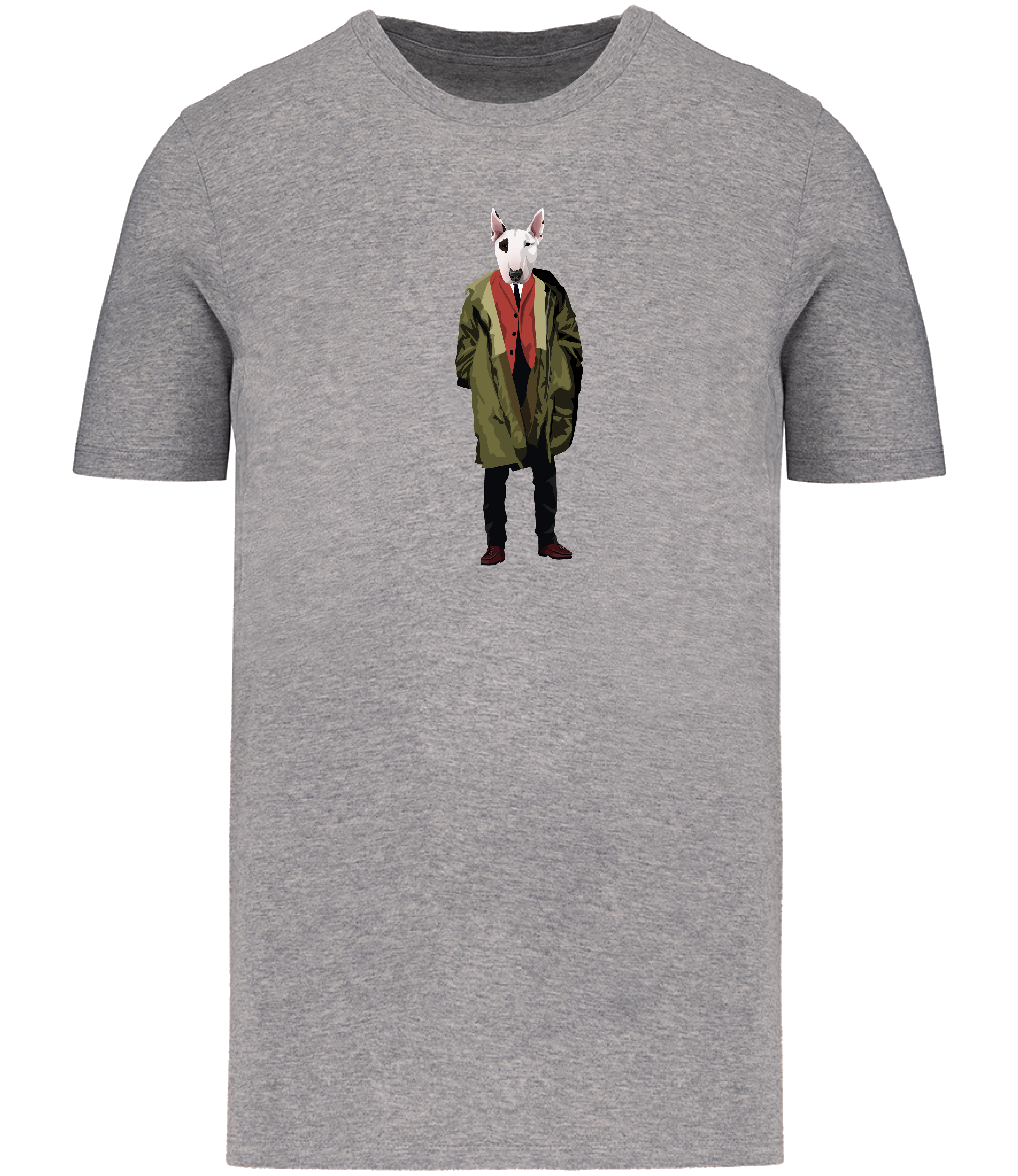 Grey T-shirt printed with English Bull Terrier Dog wearing a green Parka Jacket and red waistcoat