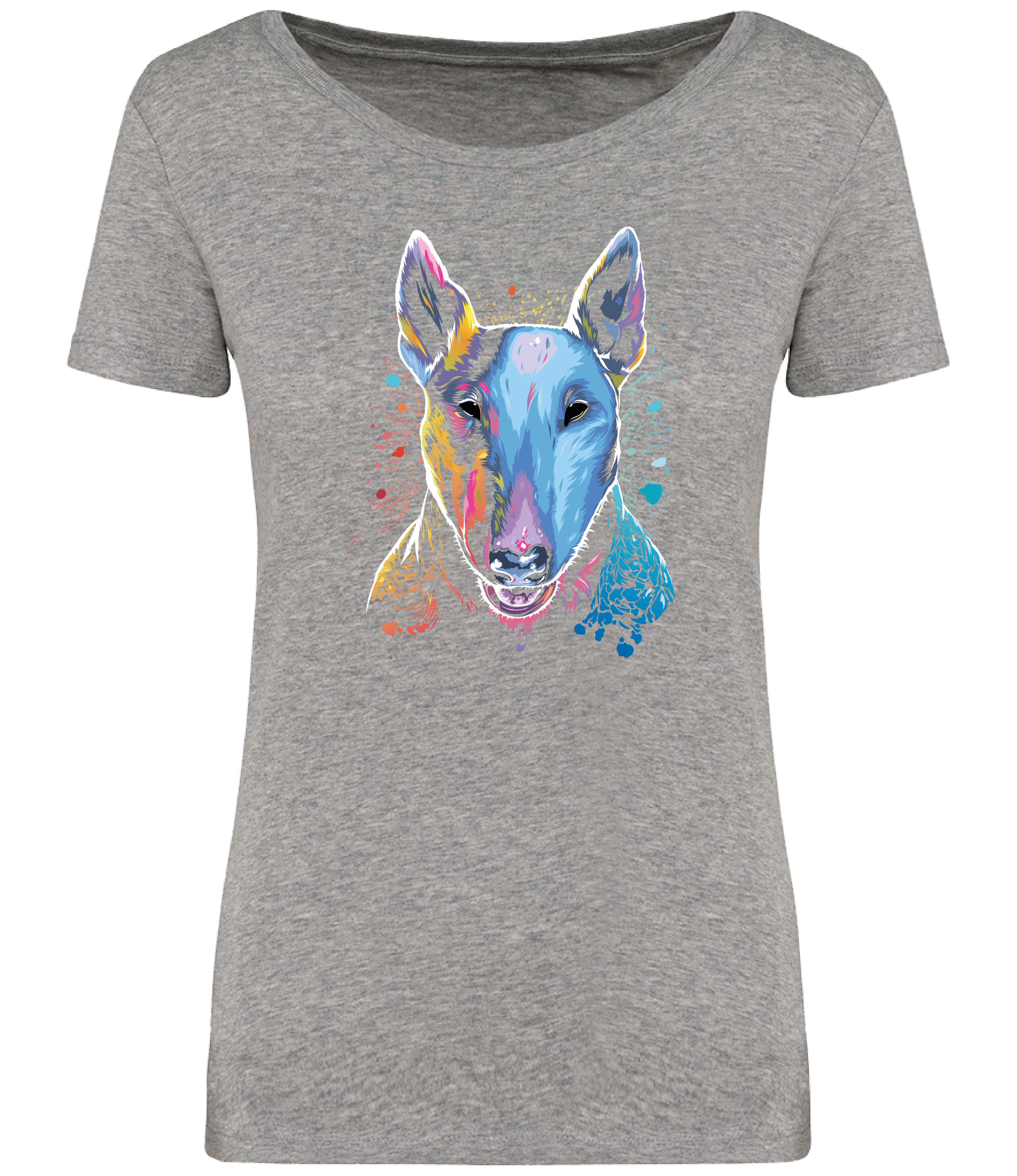 Grey T-shirt printed with an English Bull Terrier Dog face in bright colours and paint splashes 