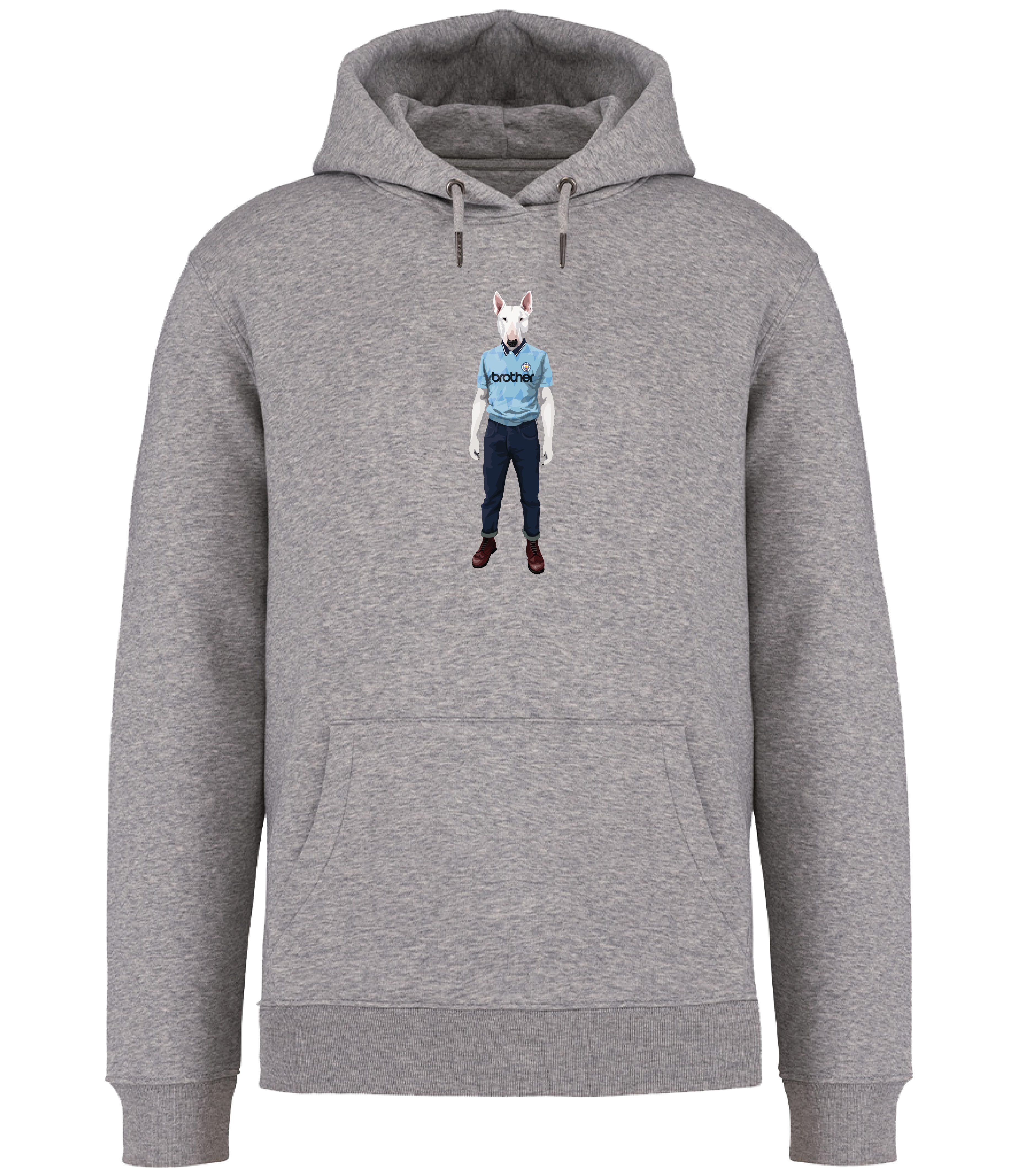 Grey Hoodie printed with an English Bull Terrier Dog wearing a Manchester City Football Shirt and Jeans