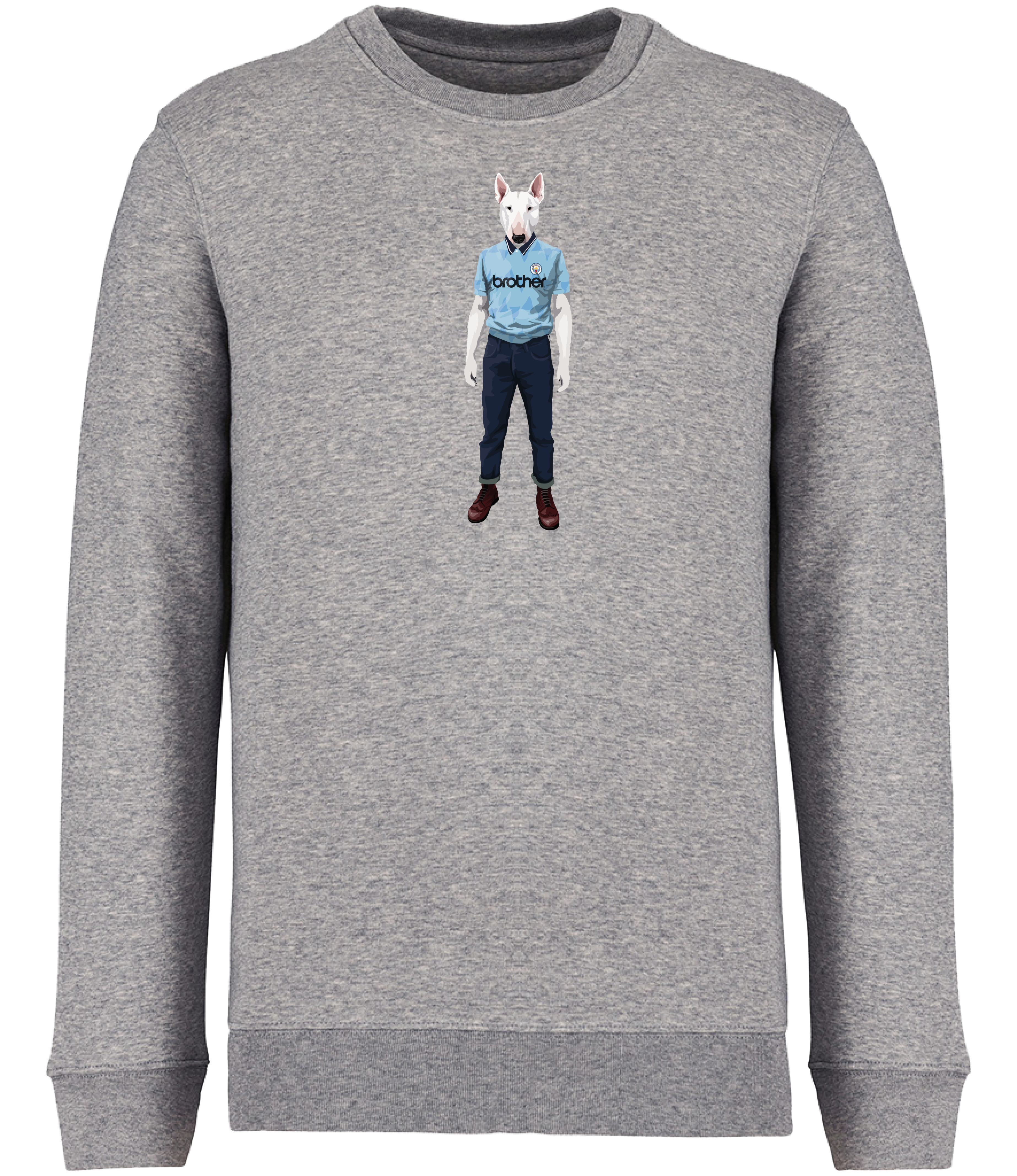 Grey Sweatshirt printed with an English Bull Terrier Dog wearing a Manchester City Football Shirt and Jeans
