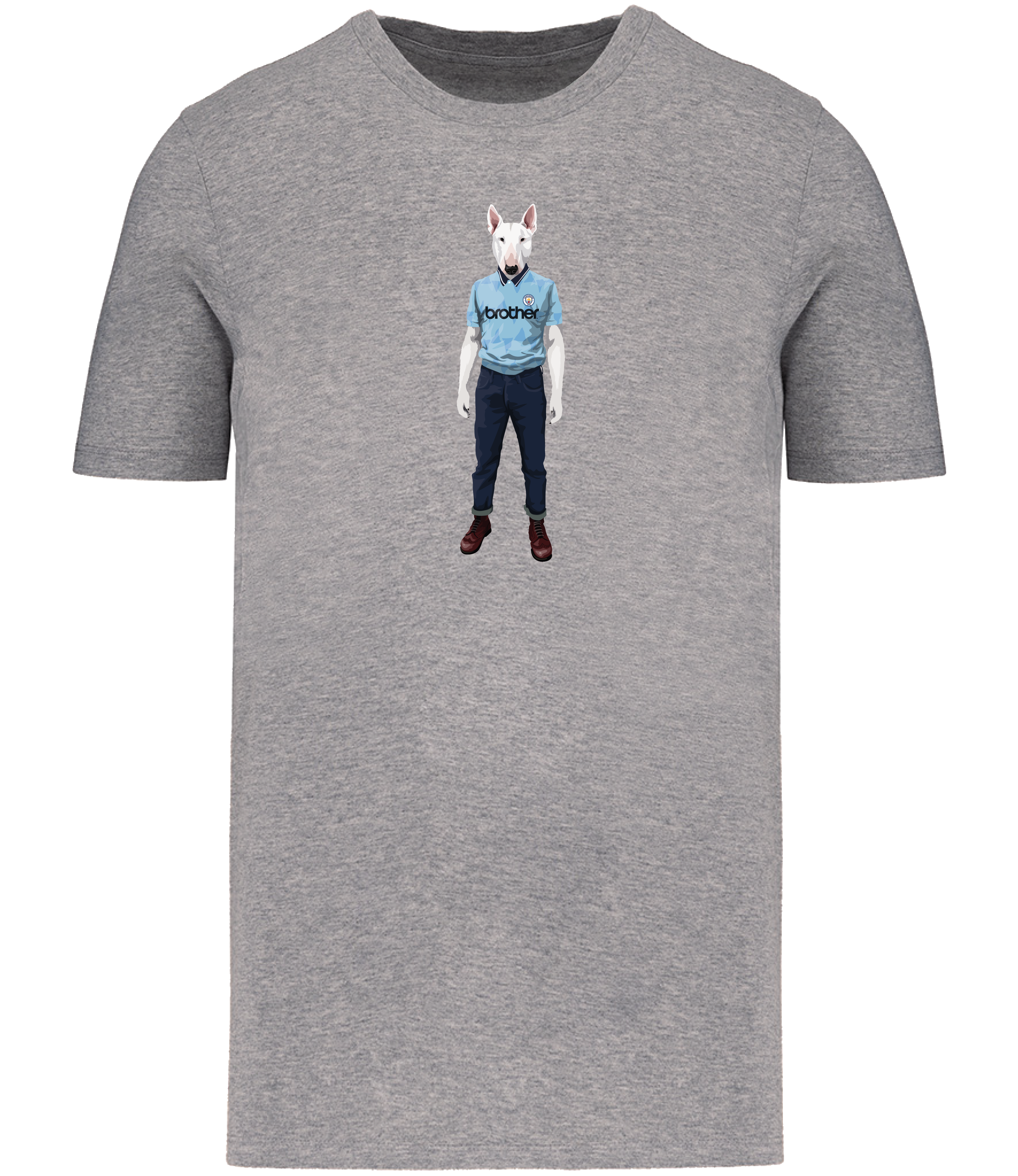 Grey T-shirt printed with an English Bull Terrier Dog wearing a Manchester City Football Shirt and Jeans