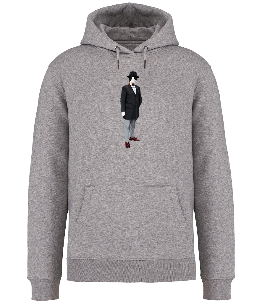 Grey Hoodie printed with an English Bull Terrier Dog wearing a Mod style crombie coat and pork pie hat