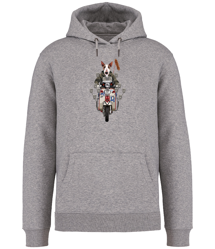 Ronnies Casuals Grey Hoodie printed with English Bull Terrier Dog riding a Mod Scooter with lots of mirrors and a fox tail. Available in S, M, L, XL, 2XL, 3XL.
