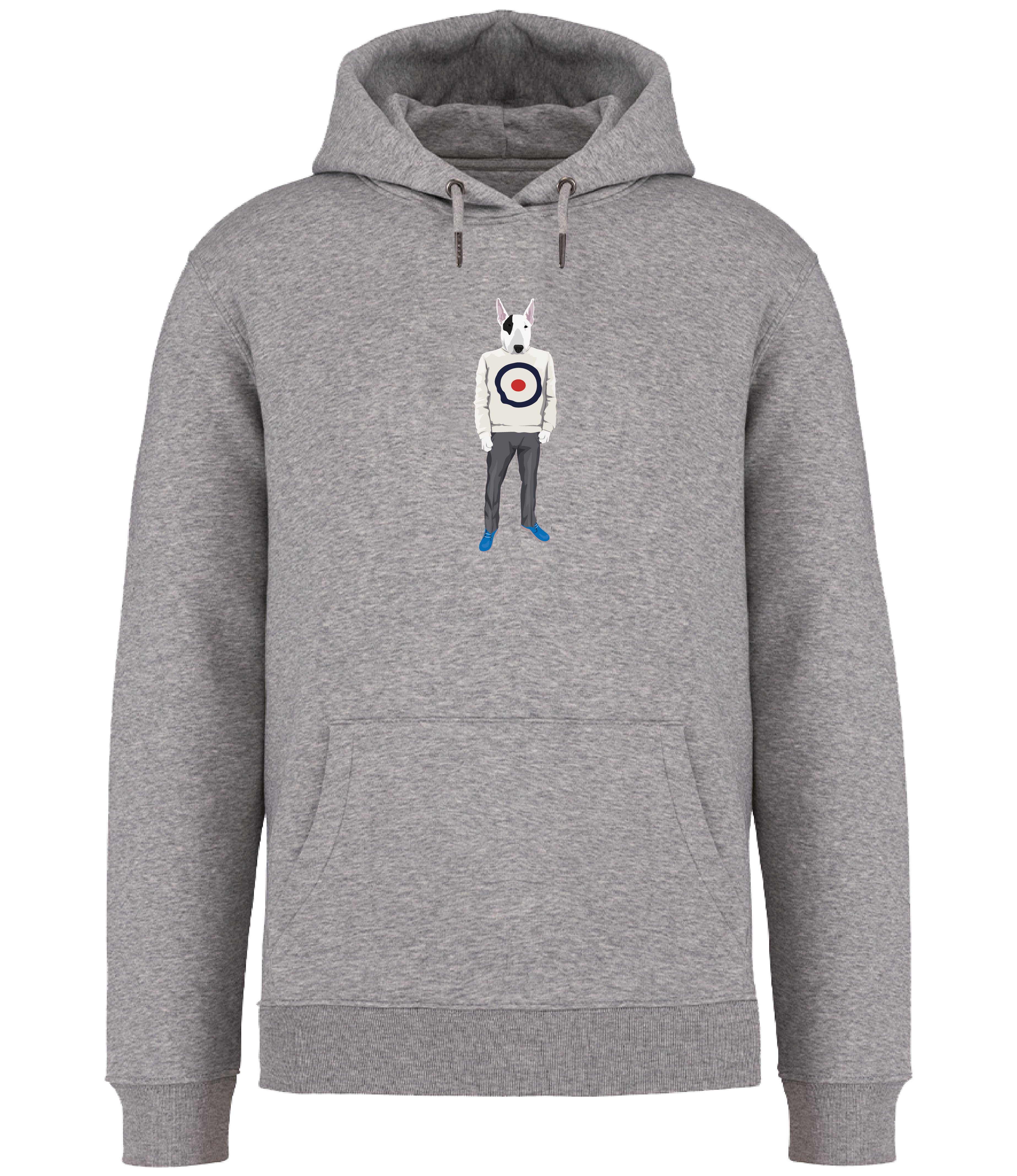 Grey Hoodie Printed with an English Bull Terrier Dog wearing a jumper with a target on it, grey trousers and blue shoes