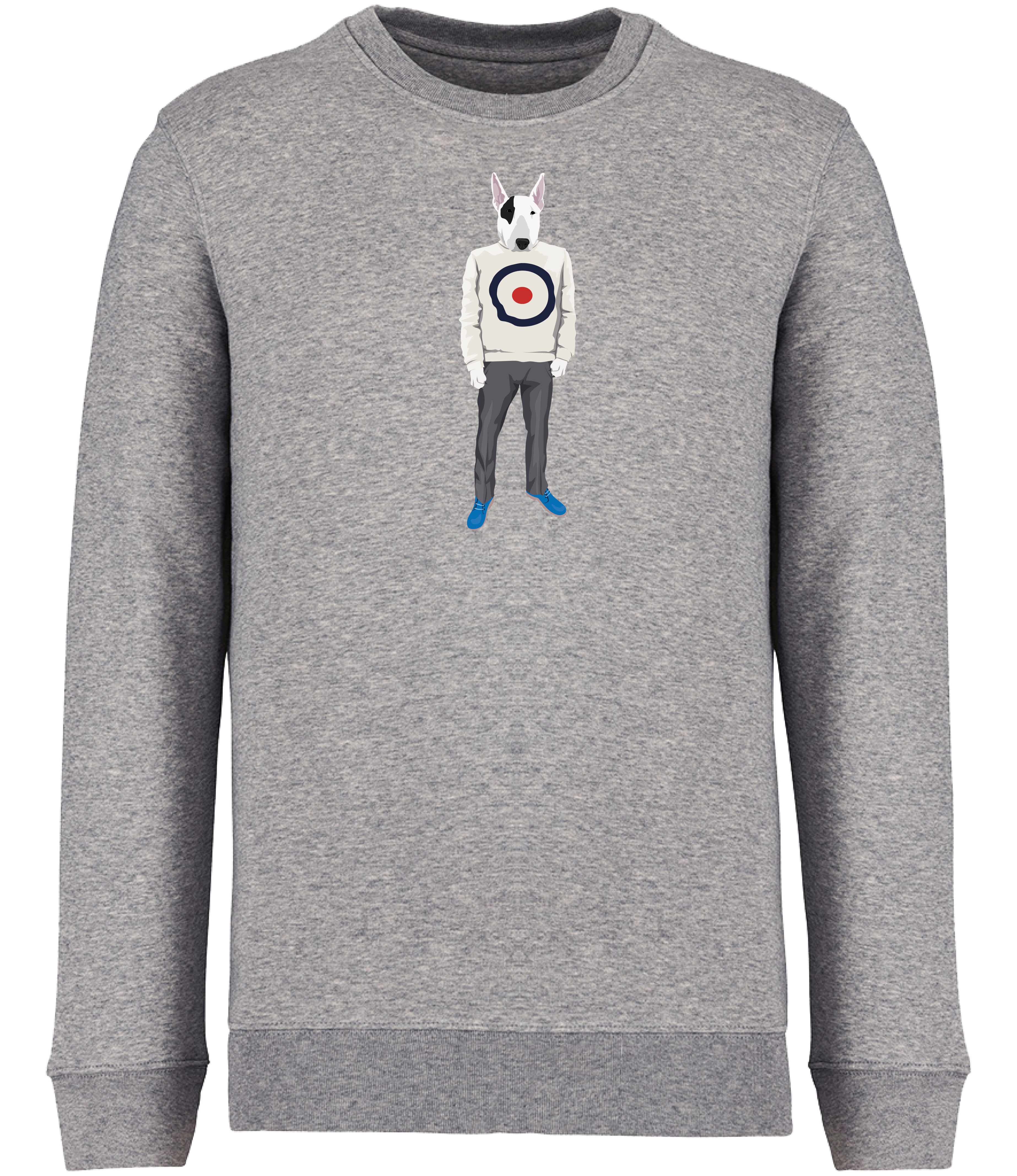 Grey Sweatshirt Printed with an English Bull Terrier Dog wearing a jumper with a target on it, grey trousers and blue shoes