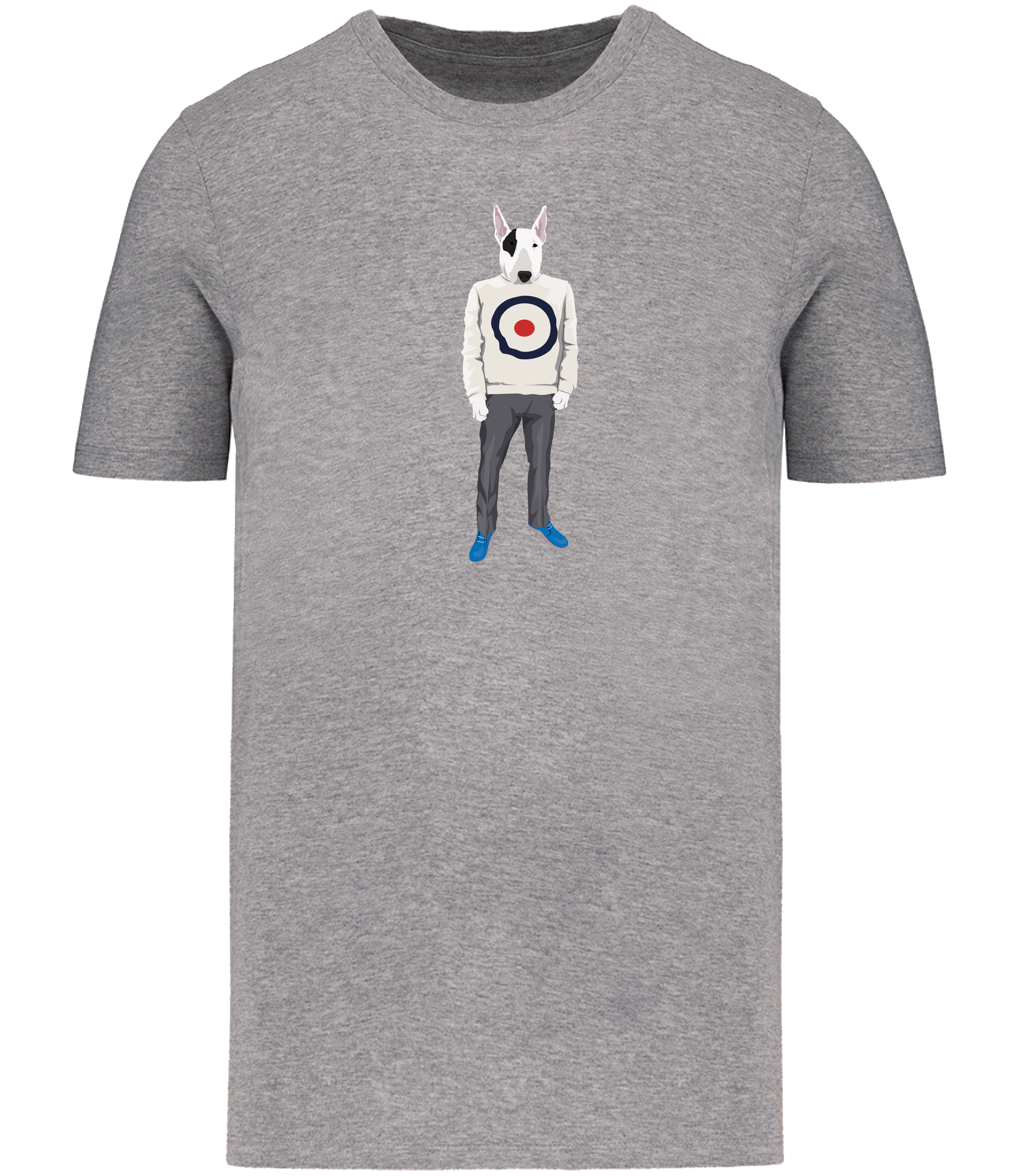 Grey T-shirt Printed with an English Bull Terrier Dog wearing a jumper with a target on it, grey trousers and blue shoes