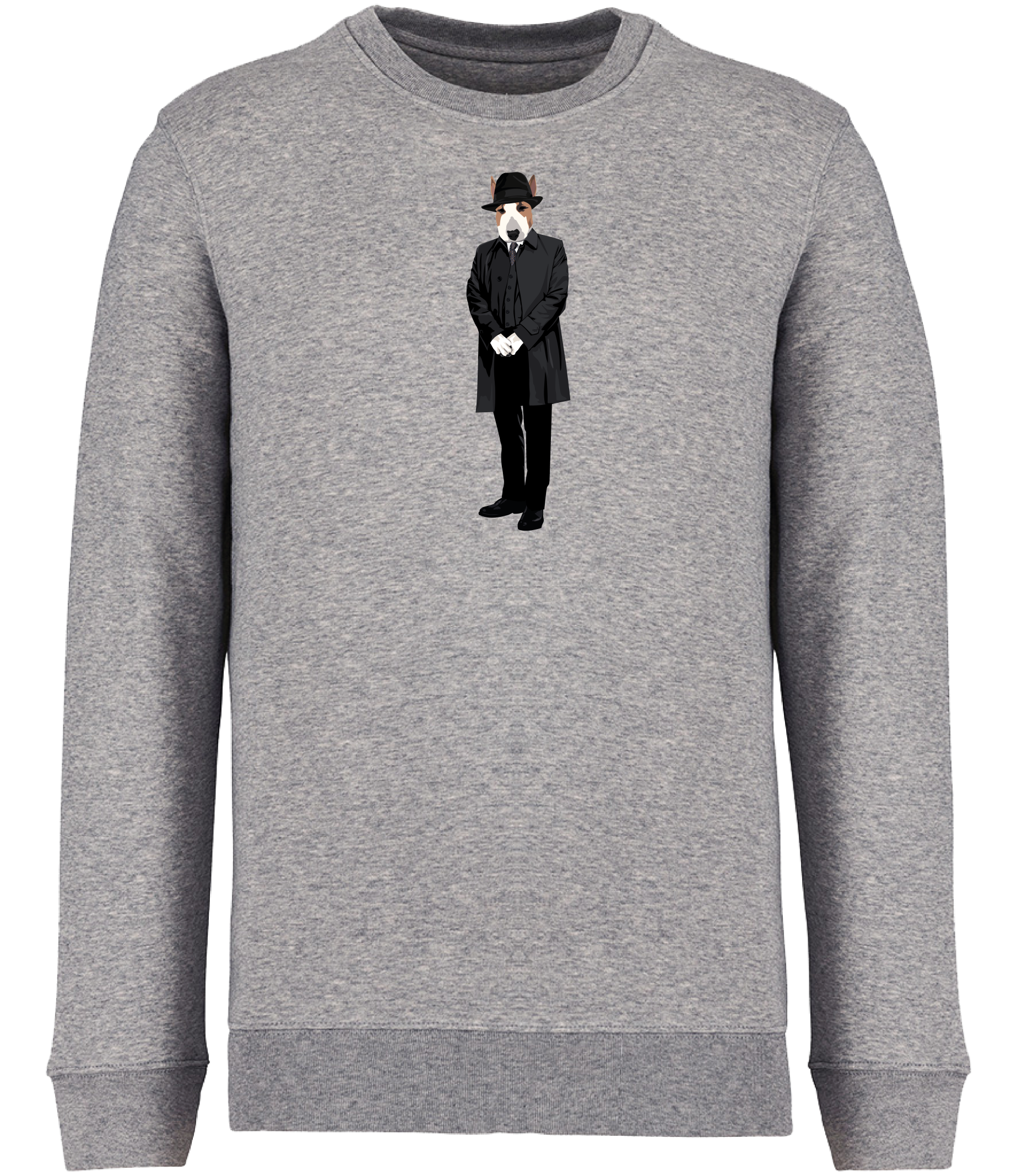 Grey Sweatshirt printed with an English Bull Terrier Dog dressed in a hat and long grey trench coat