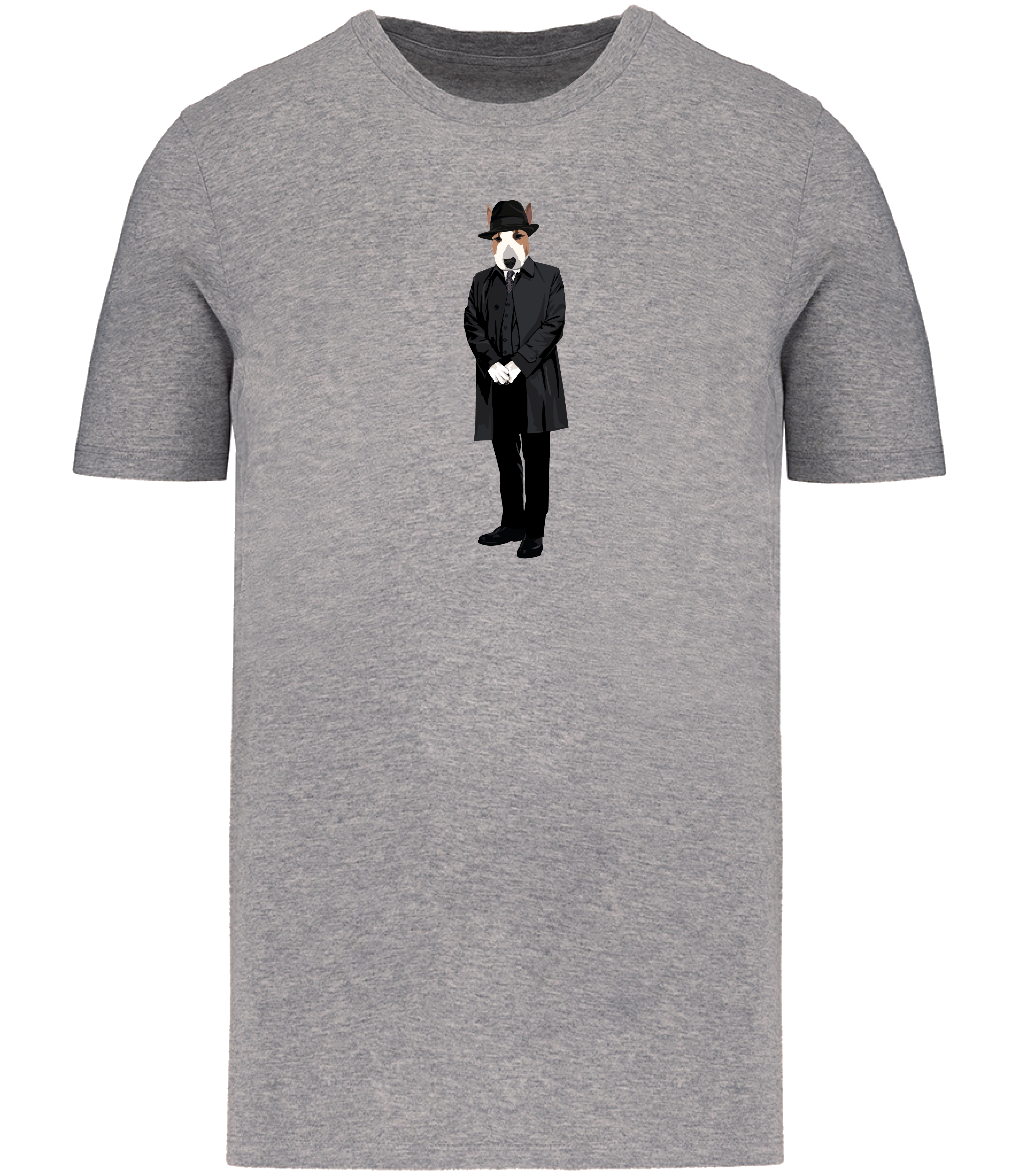 Grey T-shirt English Bull Terrier Dog dressed in a hat and long grey trench coat