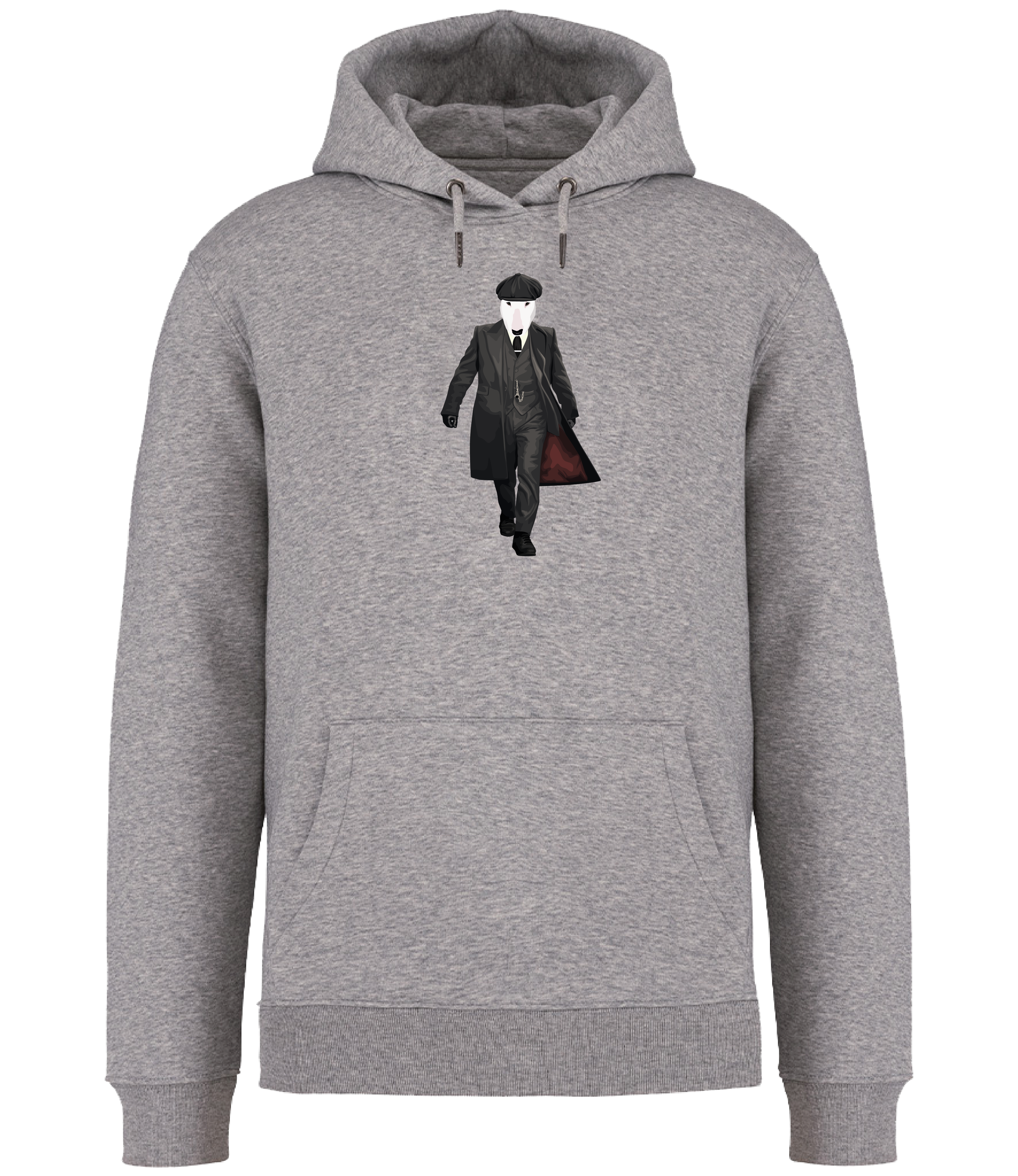 Grey Hoodie printed with an English Bull Terrier Dog dressed as the character Thomas Shelby from the TV series Peaky Blinders