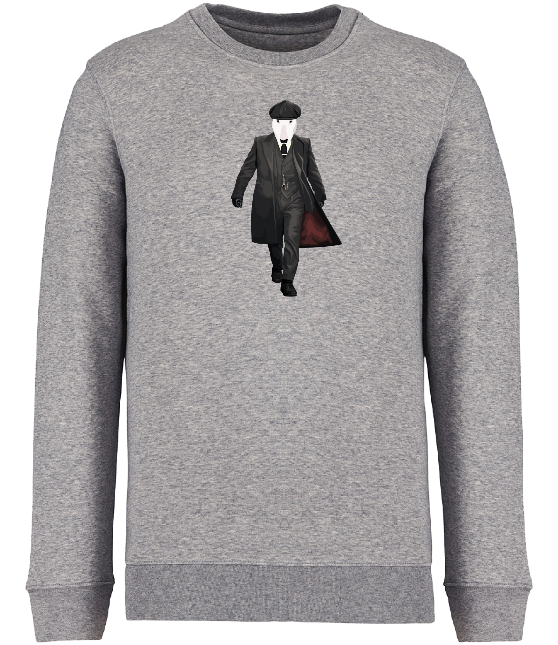Grey Sweatshirt printed with an English Bull Terrier Dog dressed as the character Thomas Shelby from the TV series Peaky Blinders